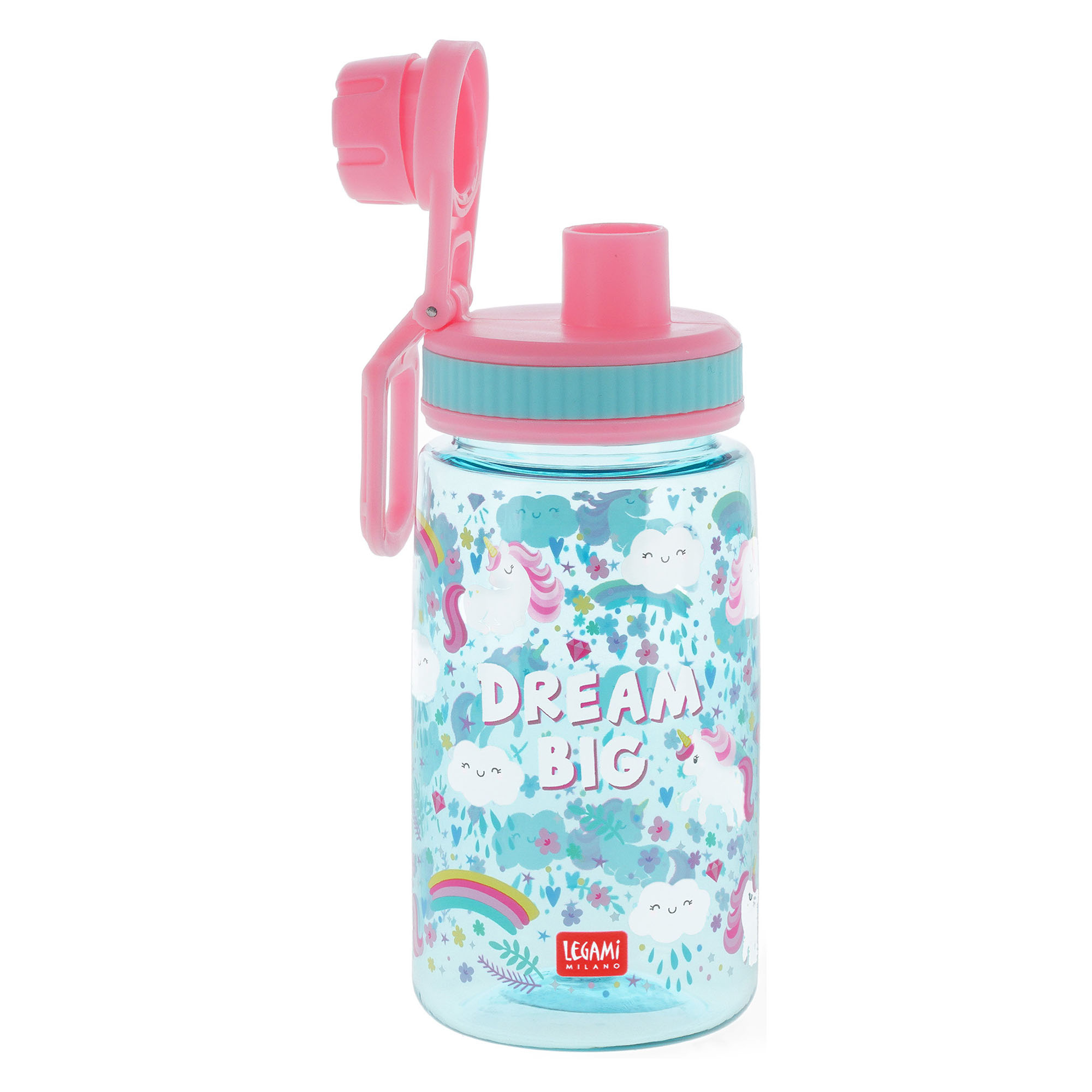 Türkis-rosa Kindertrinkflasche im Einhorn-Design, mit hochgeklapptem Trinkverschluss gezeigt.