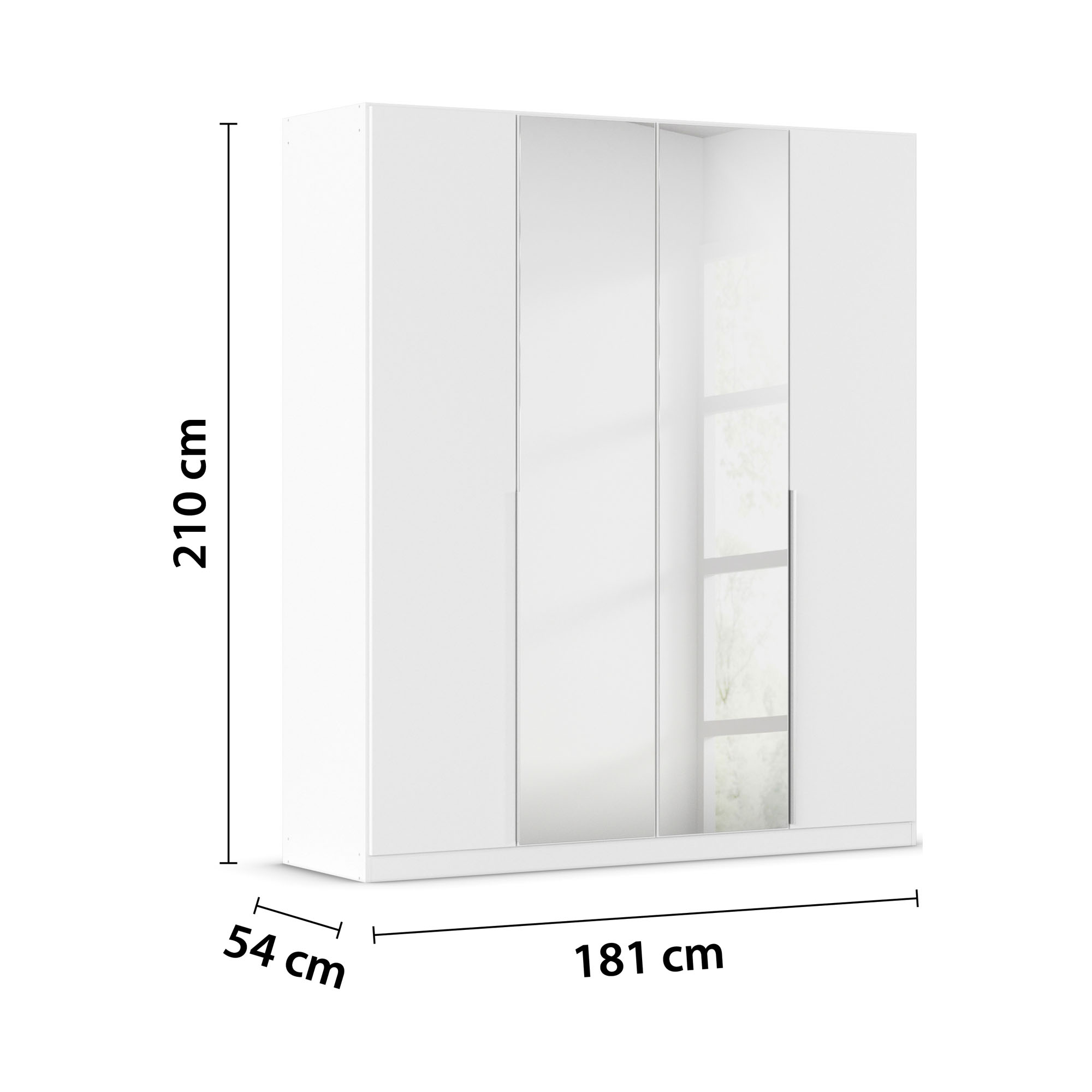 Weißer 4-türiger Kleiderschrank mit den Maßen 181 cm Breite, 210 cm Höhe und 54 cm Tiefe