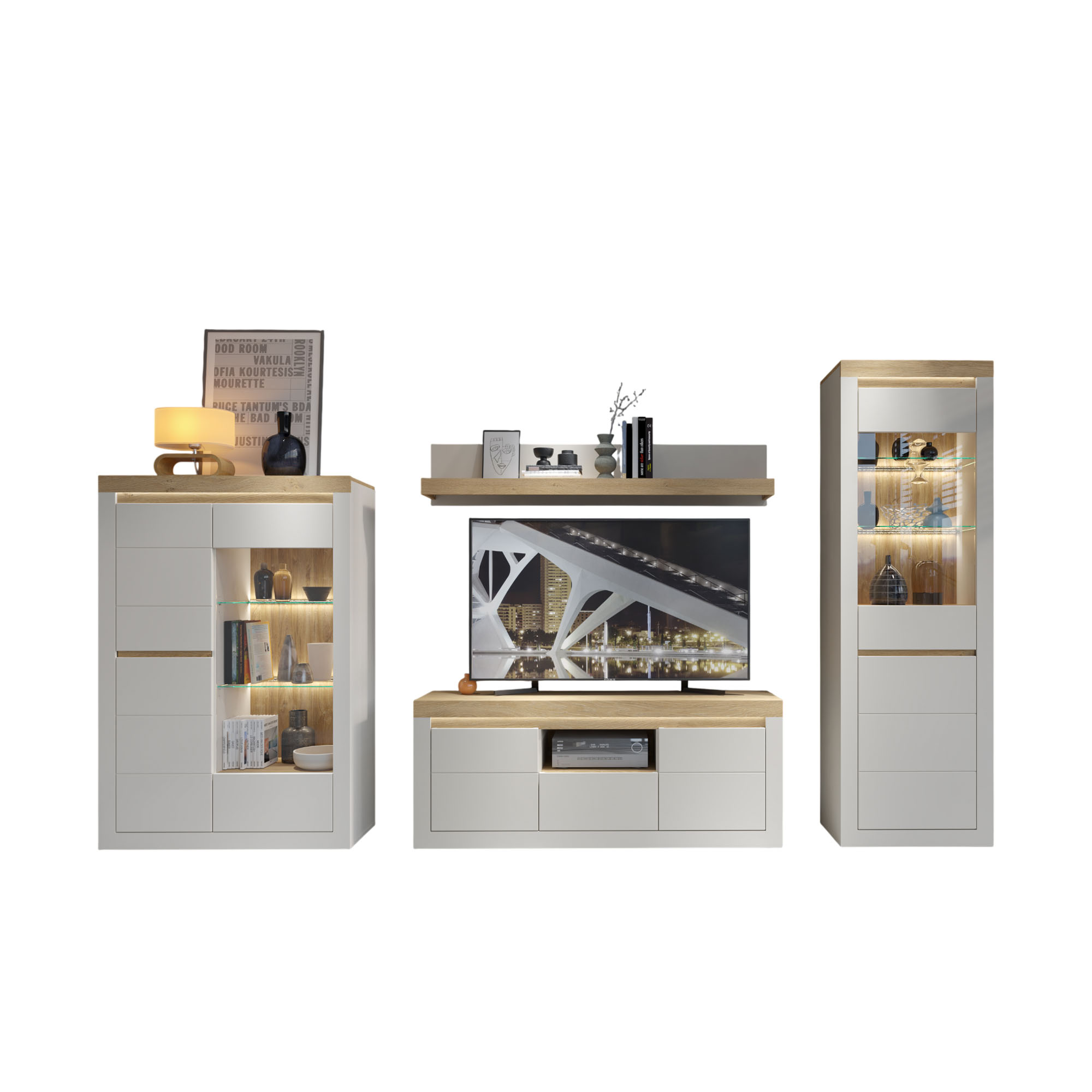 Wohnwand mit TV-Lowboard, Wandregal, Highboard und Vitrine in Weiß und Eiche mit beleuchteten Glaselementen