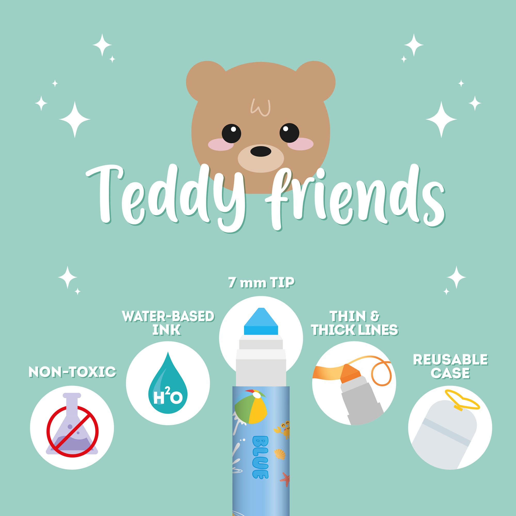 Zwölf Filzstifte mit Teddybär-Motiven, in einer Grafik mit Stiftspitzen und Eigenschaften der Filzstifte dargestellt.