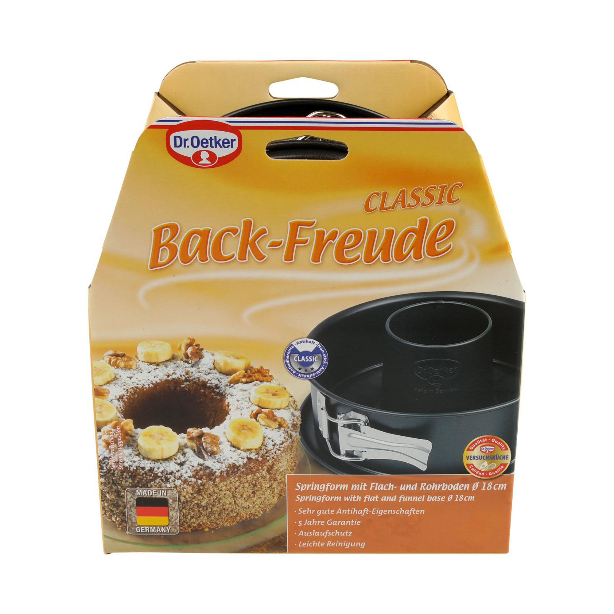 Verpackung der Dr Oetker Springform mit Flach und Rohrboden 18 cm mit abgebildetem Kuchen