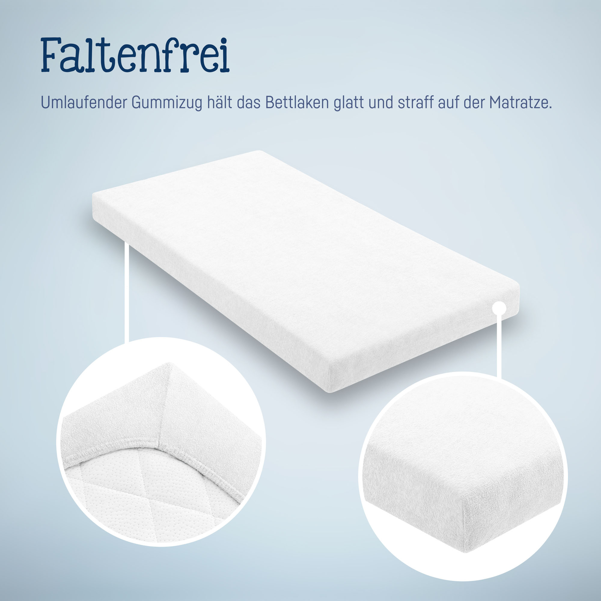 Weißes Spannbettlaken auf Matratze mit Detailansichten der glatten Oberfläche und der abgerundeten Ecken mit umlaufendem Gummizug