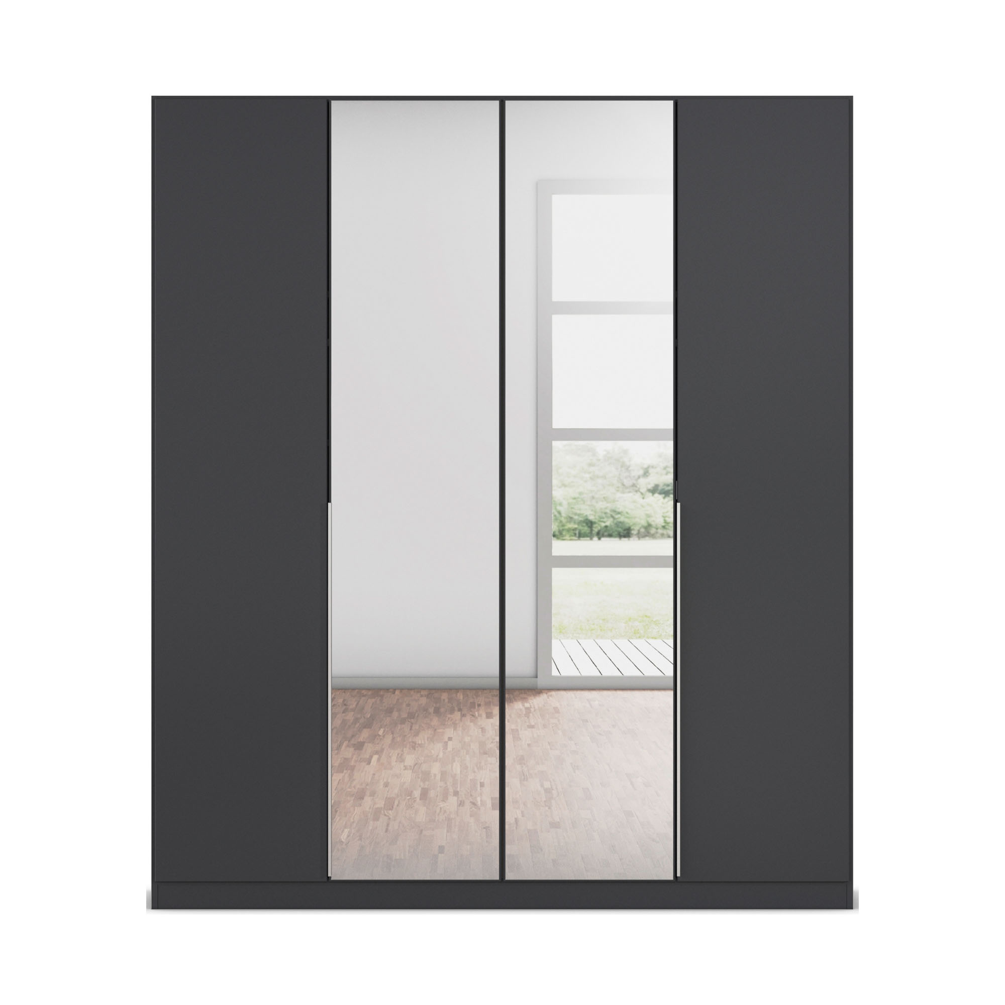 Großer 4-türiger Kleiderschrank in Grau-Metallic mit mittiger Spiegelfront und schlichten Griffleisten