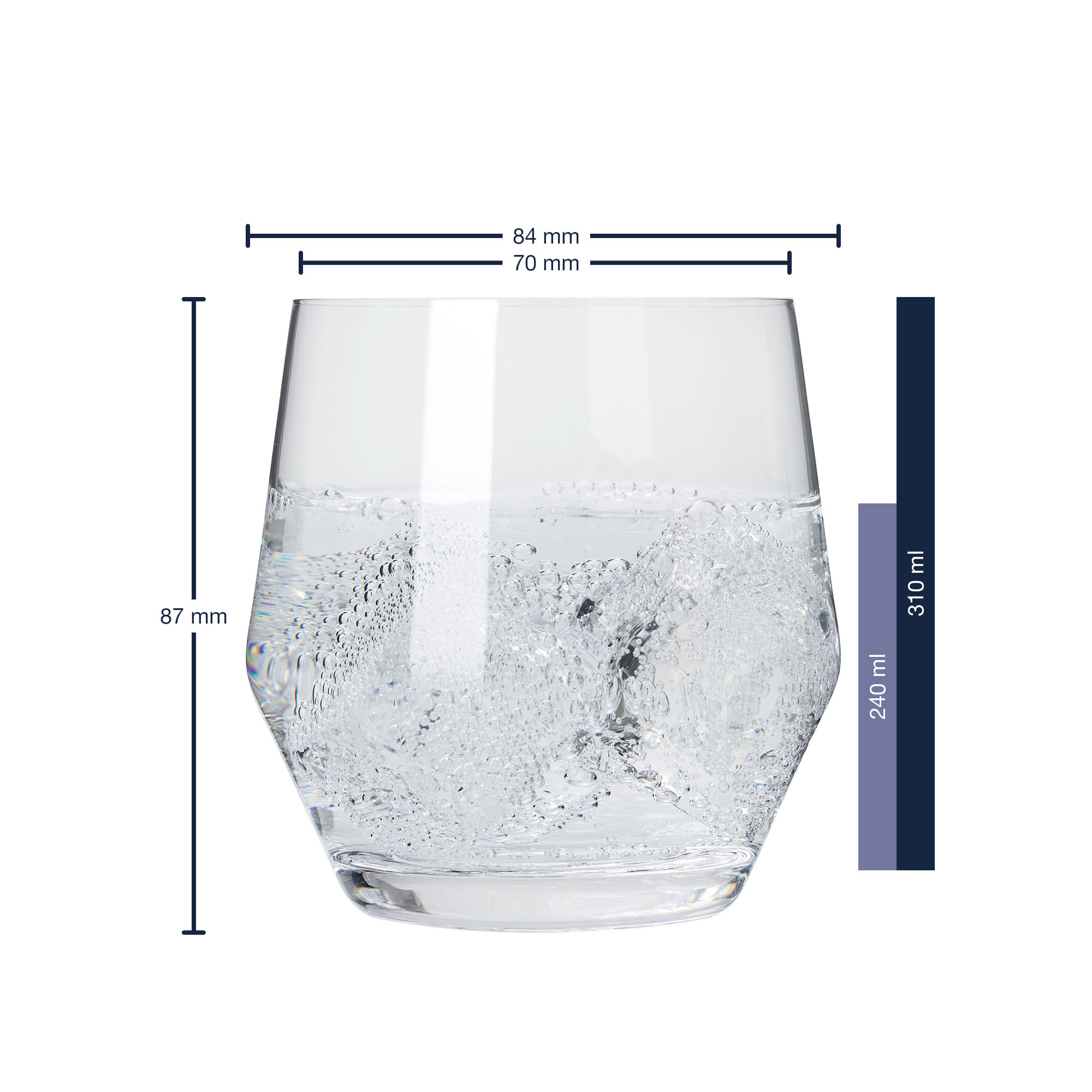 Trinkglas mit Maßangaben Höhe 87 mm und Volumen bis 310 ml