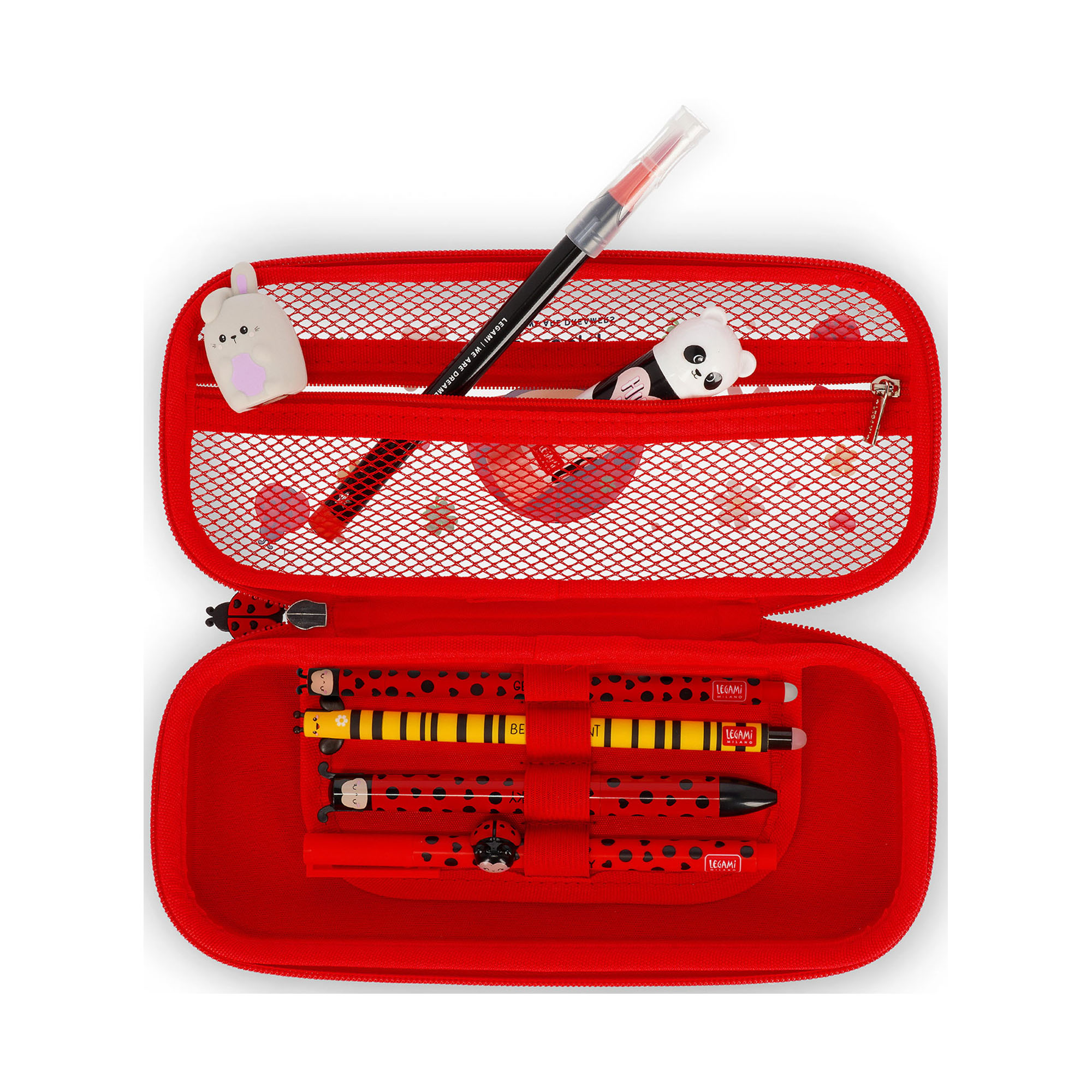 Rotes Federmäppchen im Marienkäfer-Design, geöffnet mit eingelegten Stiften und Schreibutensilien gezeigt.