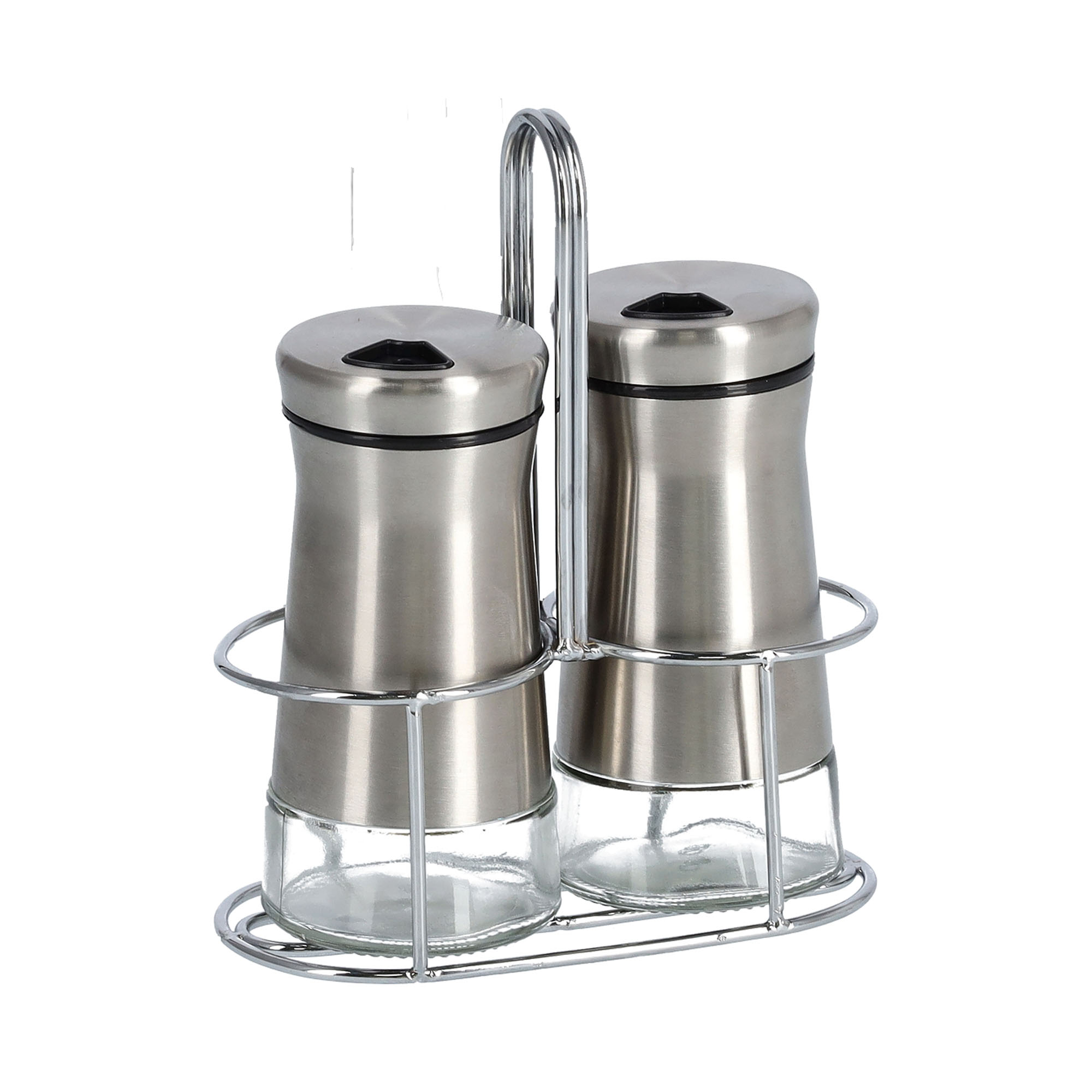 Zeller Salz-/Pfefferstreuer-Set 3tlg.; Farbe transparent; Material Glas/Edelstahl; Ausführung: 3-tlg.; Maße Gestell: ca. 12 × 6 × 16 cm, Streuer: 2 × D 5 × 11,3 cm.