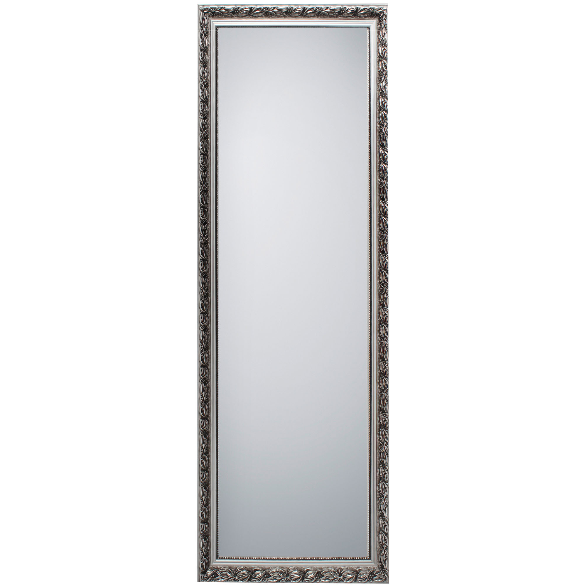 Spiegel Sonja in Silber, freigestellt in einer zweiten Gesamtansicht; zu sehen ist die rechteckige Spiegelfläche mit ornamentiertem Rahmen; Maße ca. 50 x 150 x 3,5 cm.
