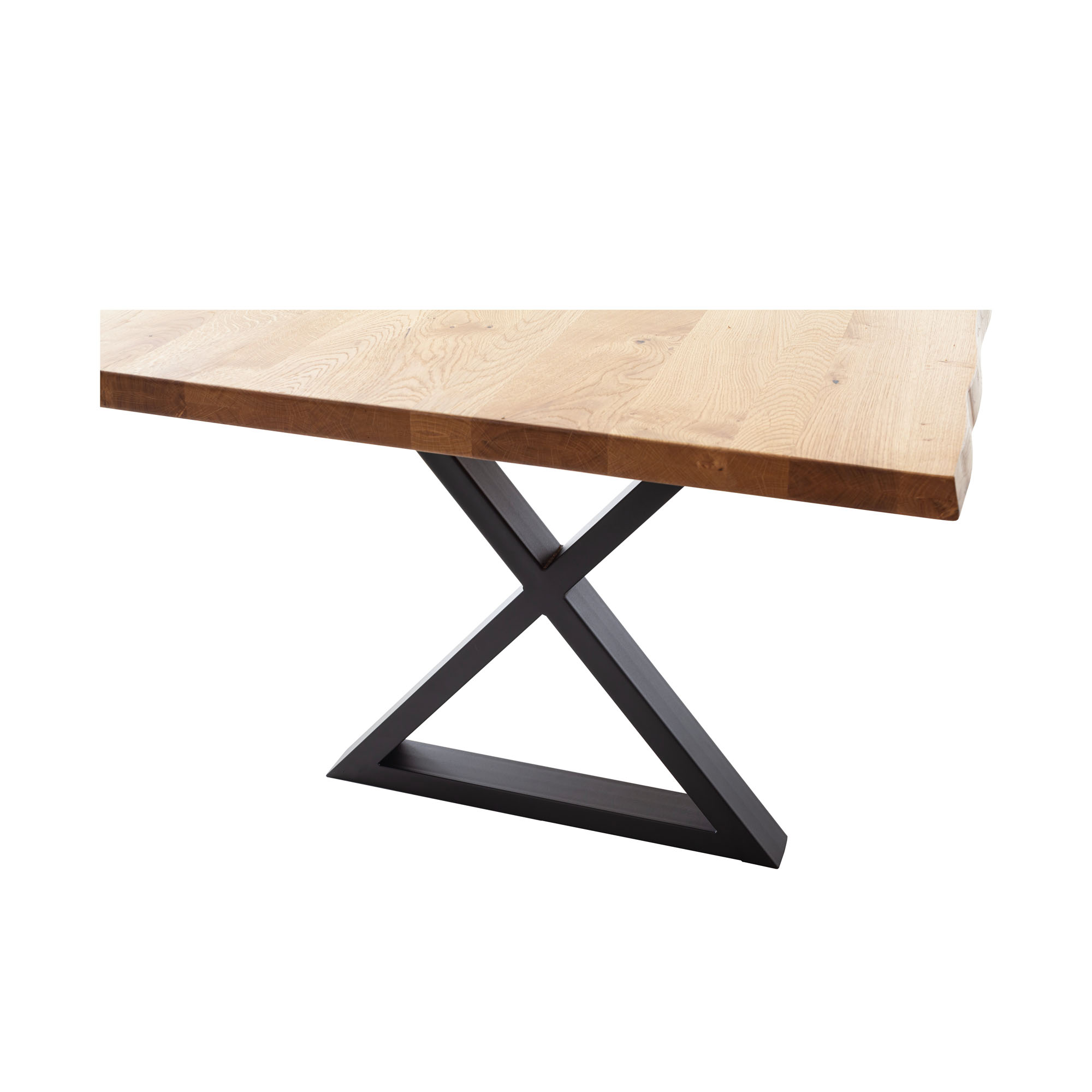 Detailansicht der Holzplatte mit einem schwarzen X-förmigen Metallgestell, vor weißem Hintergrund.