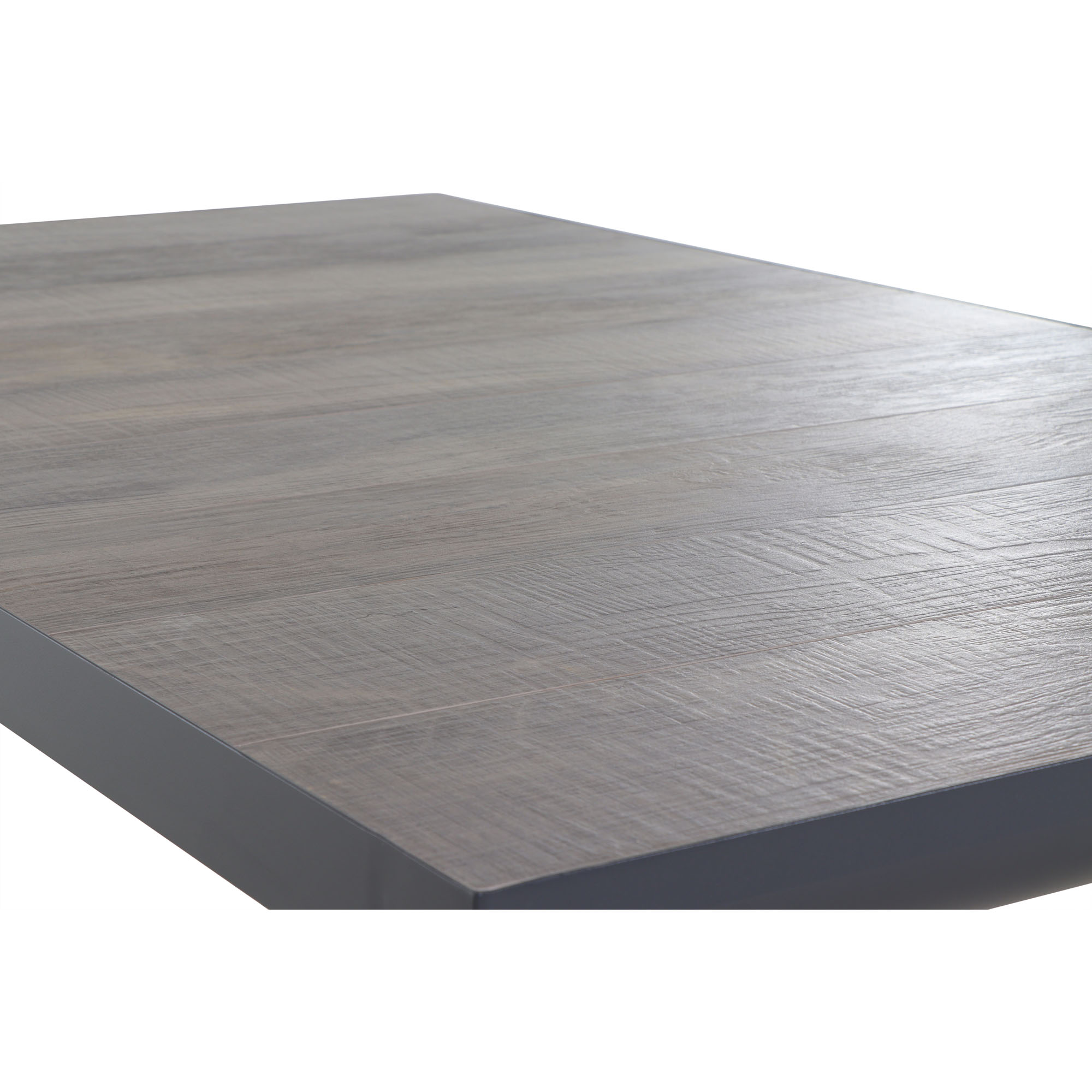 Detailfoto der Tischplatte in Holzoptik mit feiner Maserung und matter Oberfläche.