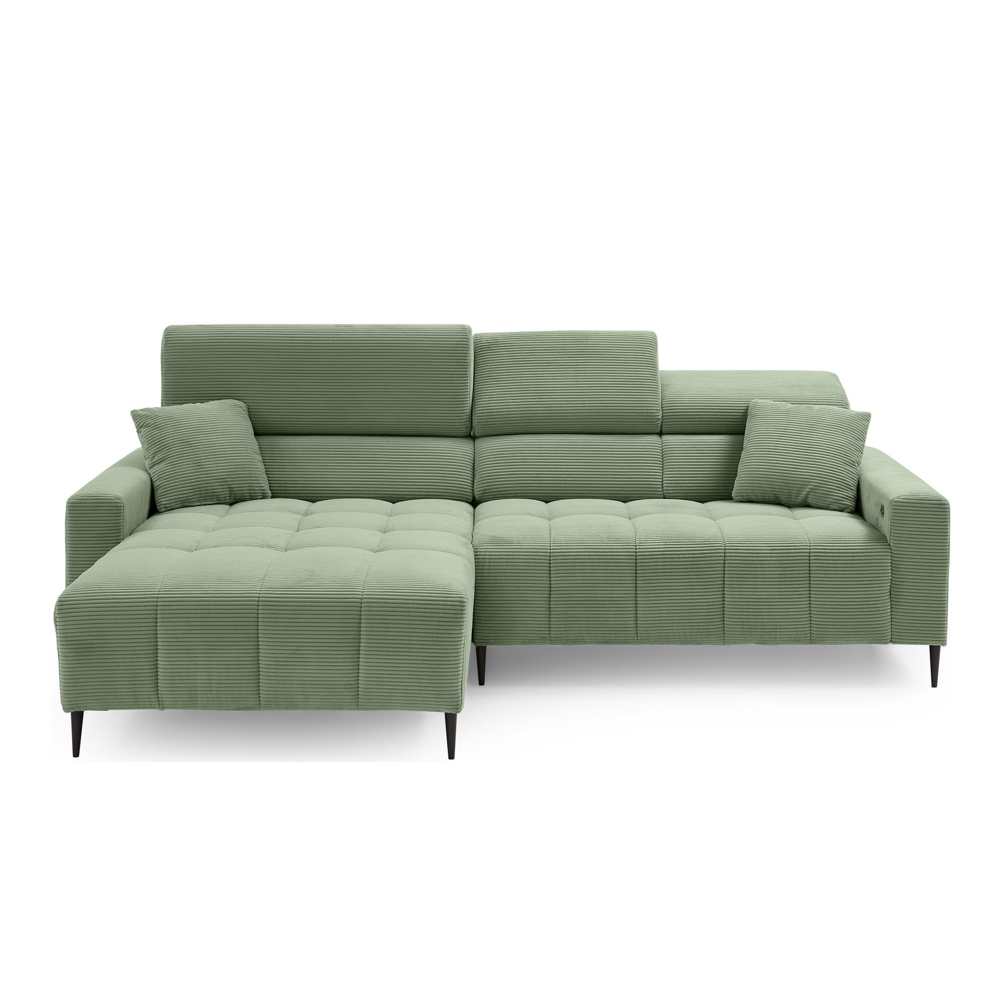 Ecksofa in grünem Cordstoff mit markanter Steppung und geradlinigem Design, auf schwarzen Metallfüßen.
