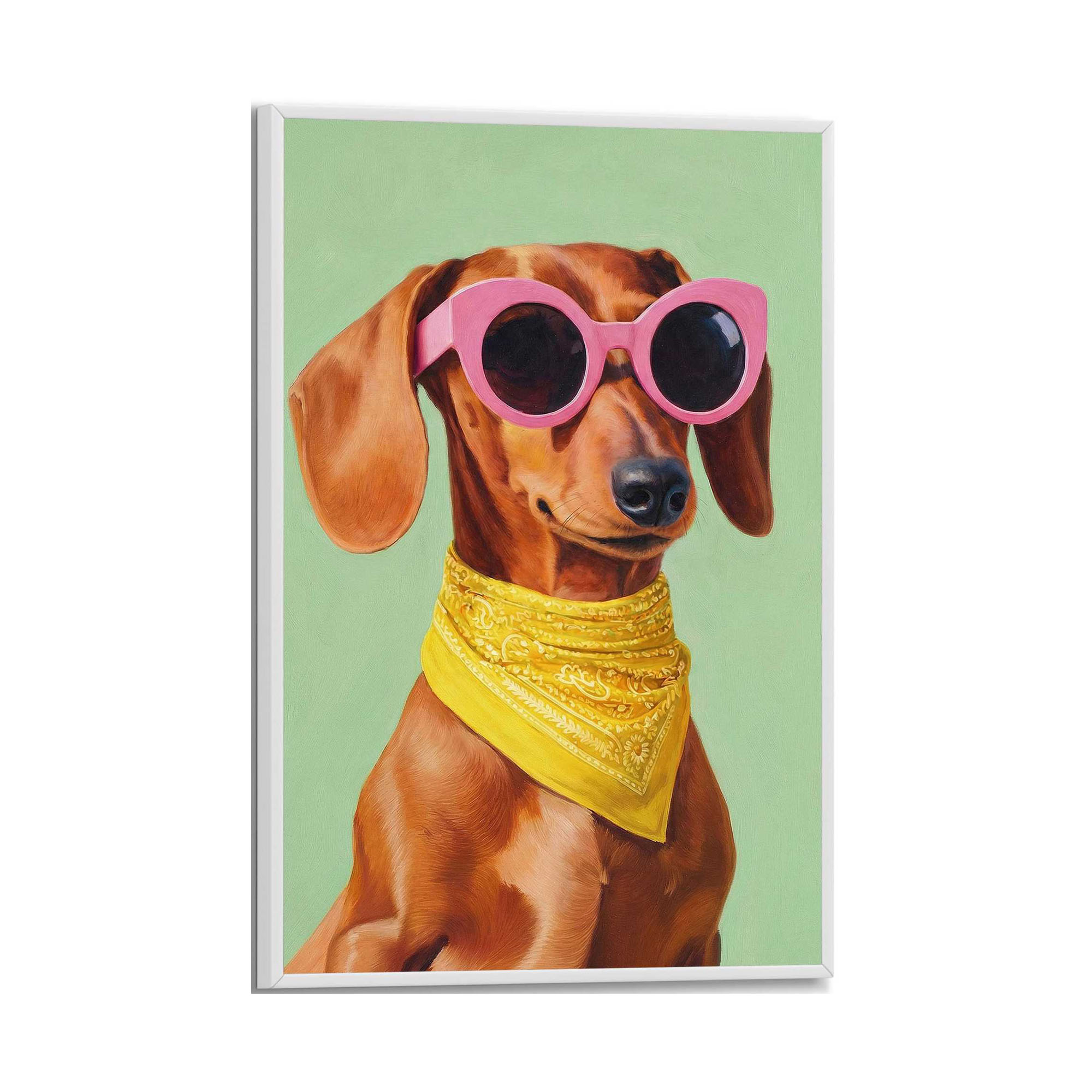 Frontansicht des Wandbilds „Funny Dachshund“ in Mehrfarbig, Größe 20 × 30 cm; das vollständige Motiv ist zu sehen.