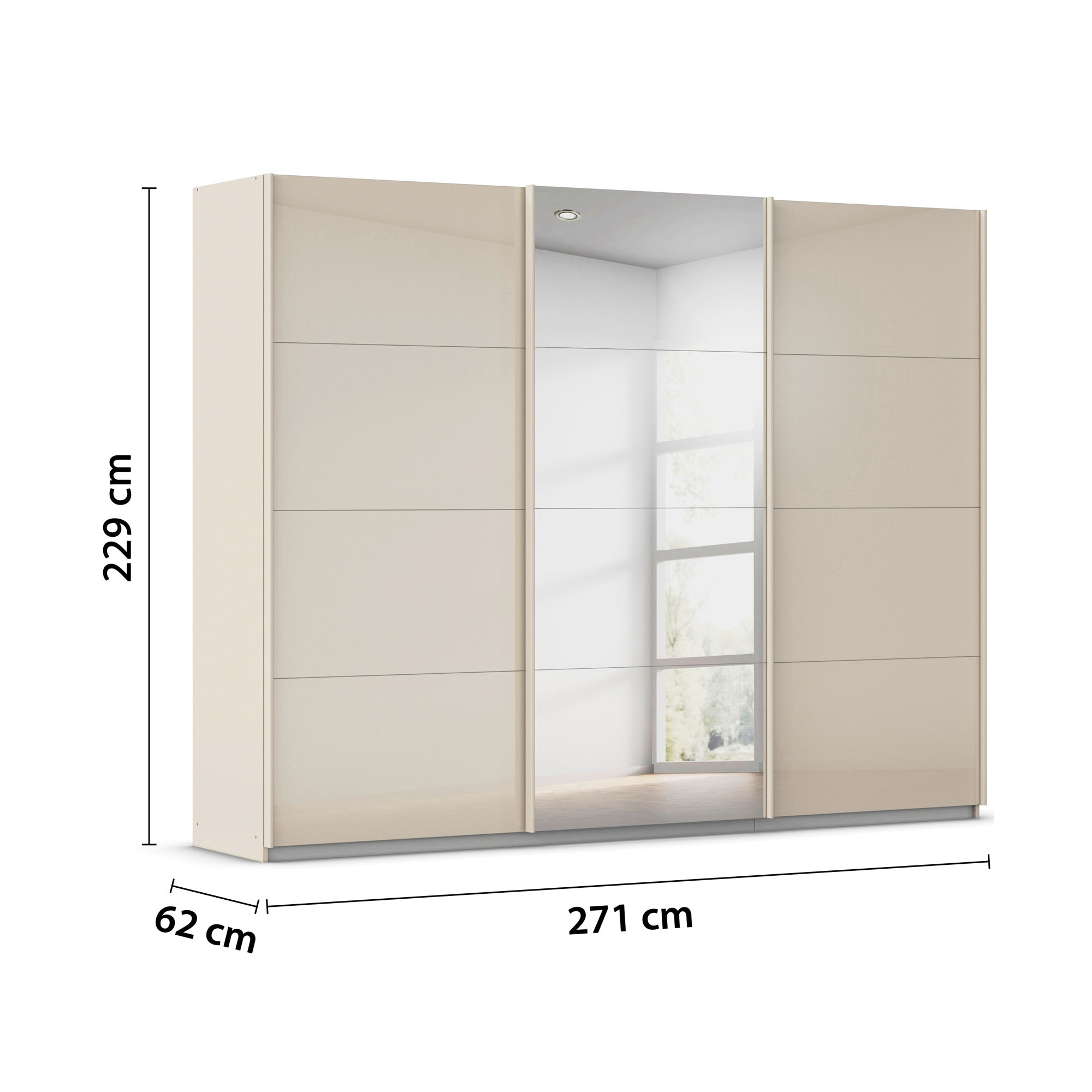 Champagnerfarbener Schwebetürenschrank mit Glas-Außentüren und Spiegeltür mittig mit Maßangaben Breite 271 cm, Höhe 229 cm und Tiefe 62 cm