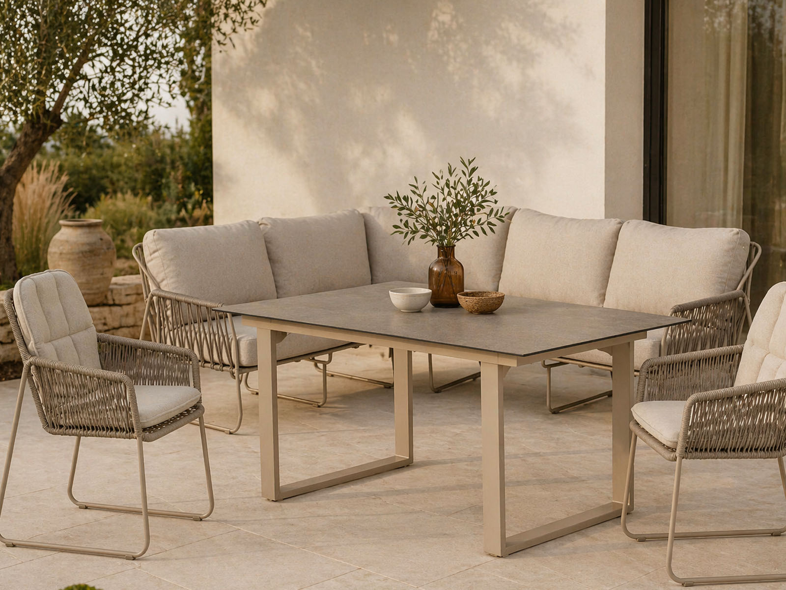 Stilvolle Outdoor-Essgruppe mit Ecksofa, zwei Stühlen und rechteckigem Tisch auf einer Terrasse in warmen Naturtönen