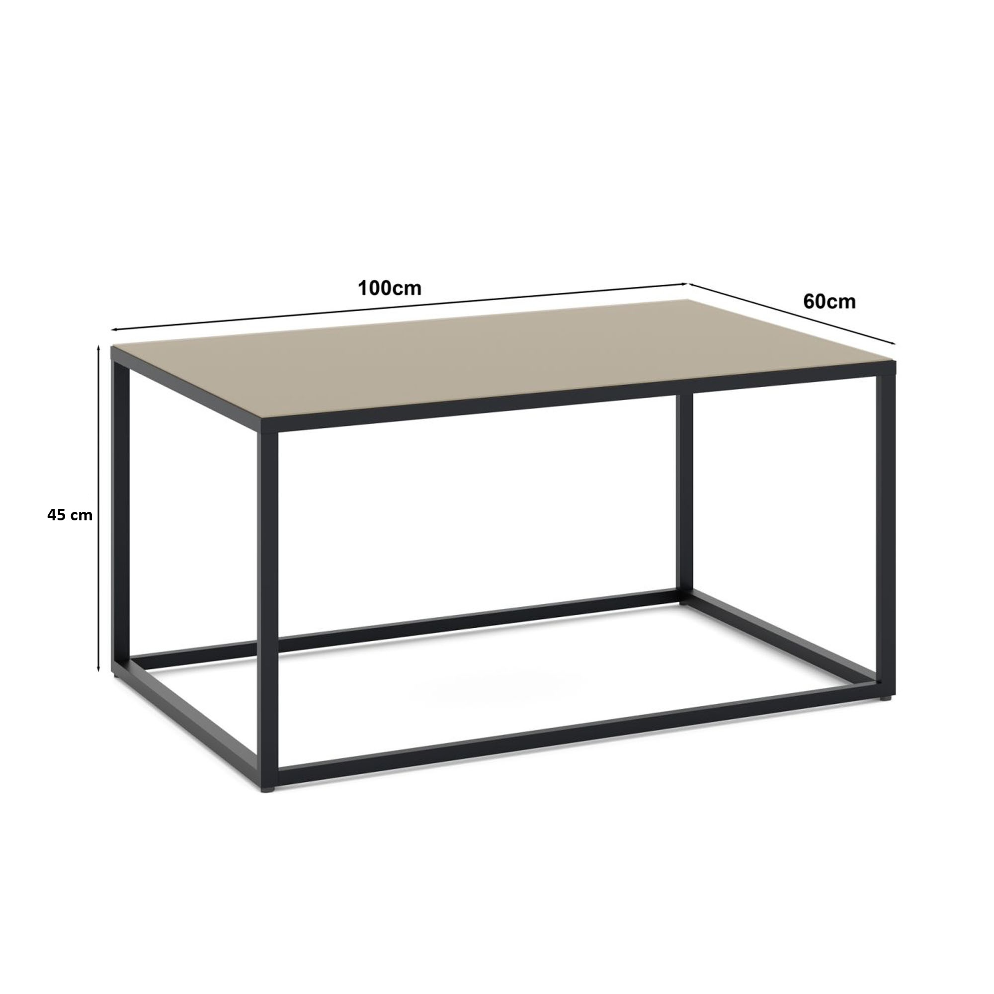 Perspektivische Darstellung des Couchtisches mit taupefarbener Tischplatte und schwarzem Metallgestell. Maßpfeile zeigen eine Länge von 100 cm und eine Tiefe von 60 cm. Ein weiterer Maßpfeil verläuft senkrecht entlang der linken Tischseite.