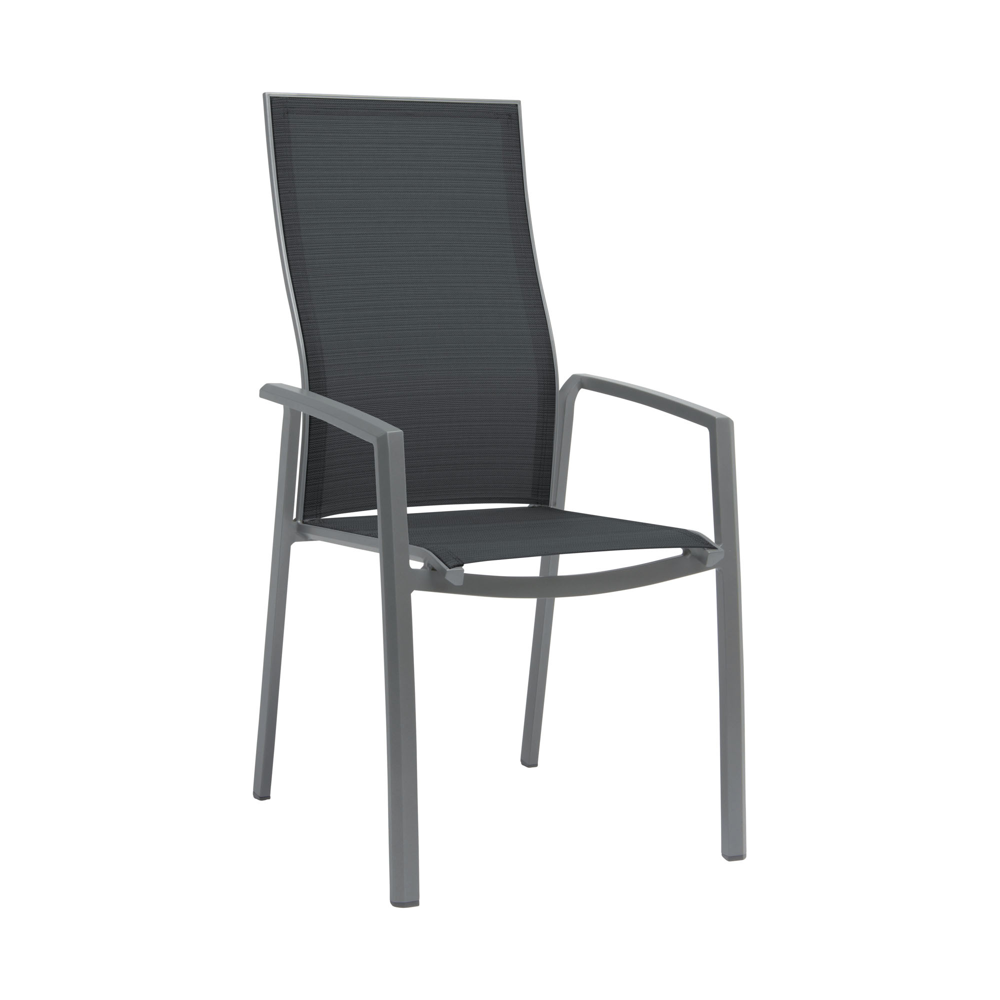 Ein moderner Gartenstuhl mit grauem Metallrahmen und dunkler Textilbespannung für Sitzfläche und Rückenlehne. Der Stuhl steht frei vor weißem Hintergrund.