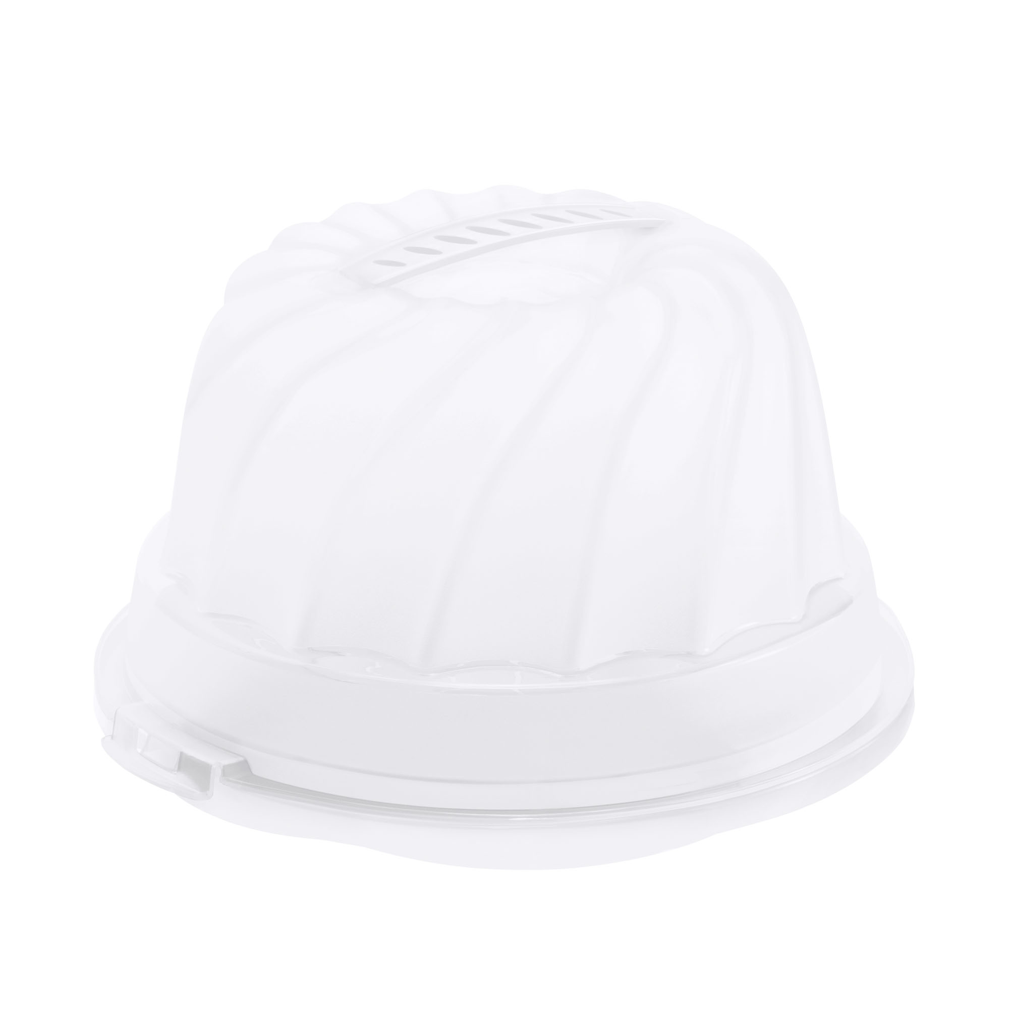 Runde transparente Tortenhaube mit geriffelter Oberfläche auf weißem Hintergrund