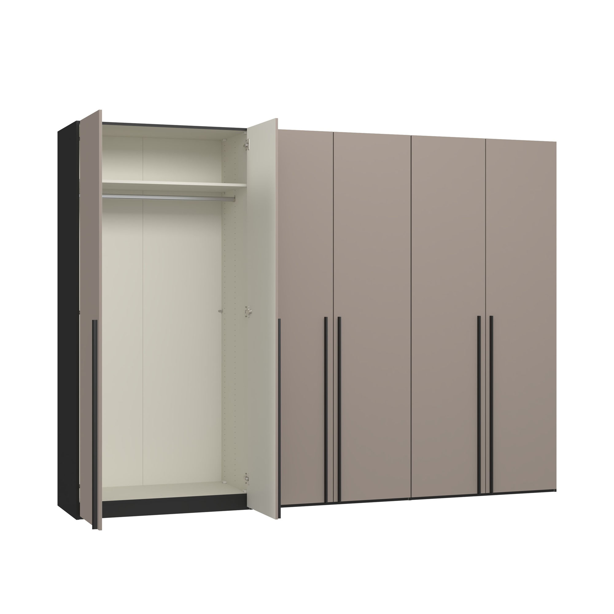 Sechstüriger Kleiderschrank mit geöffneter Drehtür auf der rechten Seite und sichtbarem Innenraum