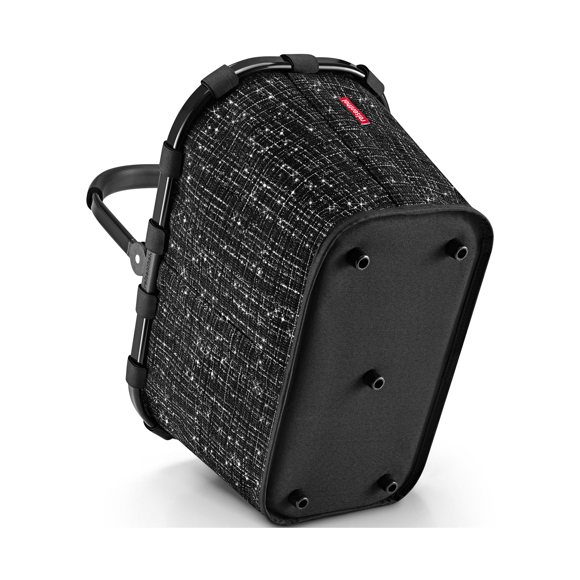 Einkaufskorb von Reisenthel, Modell Carrybag, in Schwarz mit Bouclé-Struktur, schräg von unten mit sichtbaren Standfüßen