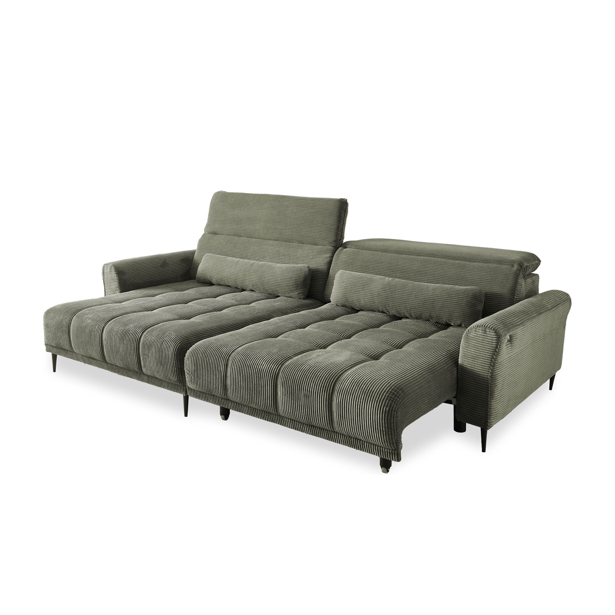 Ecksofa in modernem Design mit grünem Cordbezug und geradliniger Form.