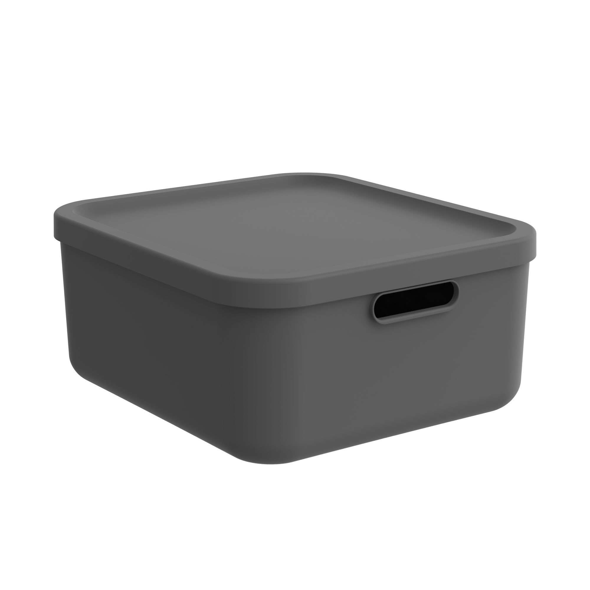 Rechteckige schwarze Aufbewahrungsbox aus Kunststoff mit passendem Deckel und Grifföffnung