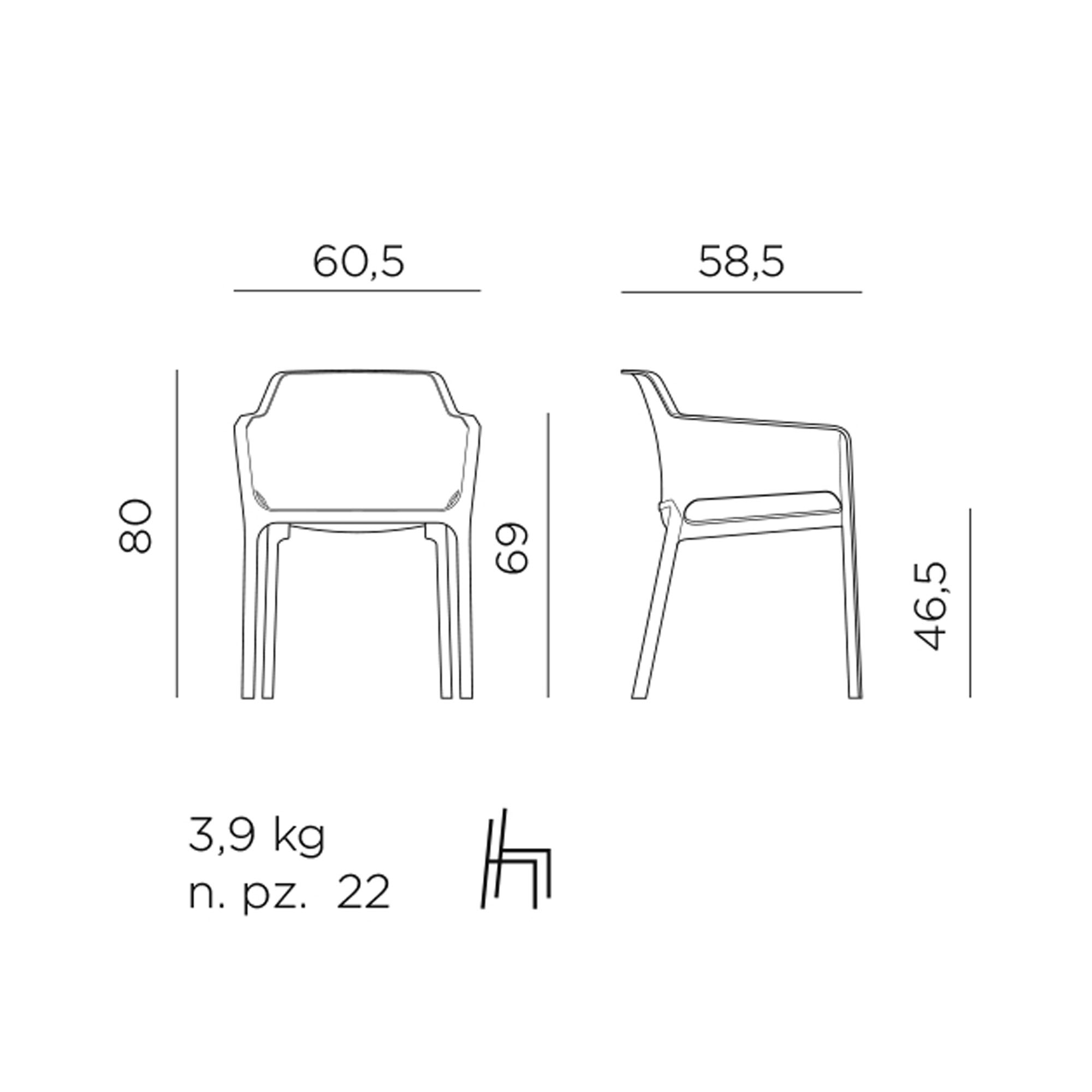 Technische Zeichnung eines Stuhls mit Armlehnen, von vorne und von der Seite dargestellt. Die Maße sind mit 80 cm Höhe, 60,5 cm Breite, 58,5 cm Tiefe, 69 cm Armlehnenhöhe und 46,5 cm Sitzhöhe angegeben. Das Gewicht beträgt 3,9 kg, und es können 22 Stück g