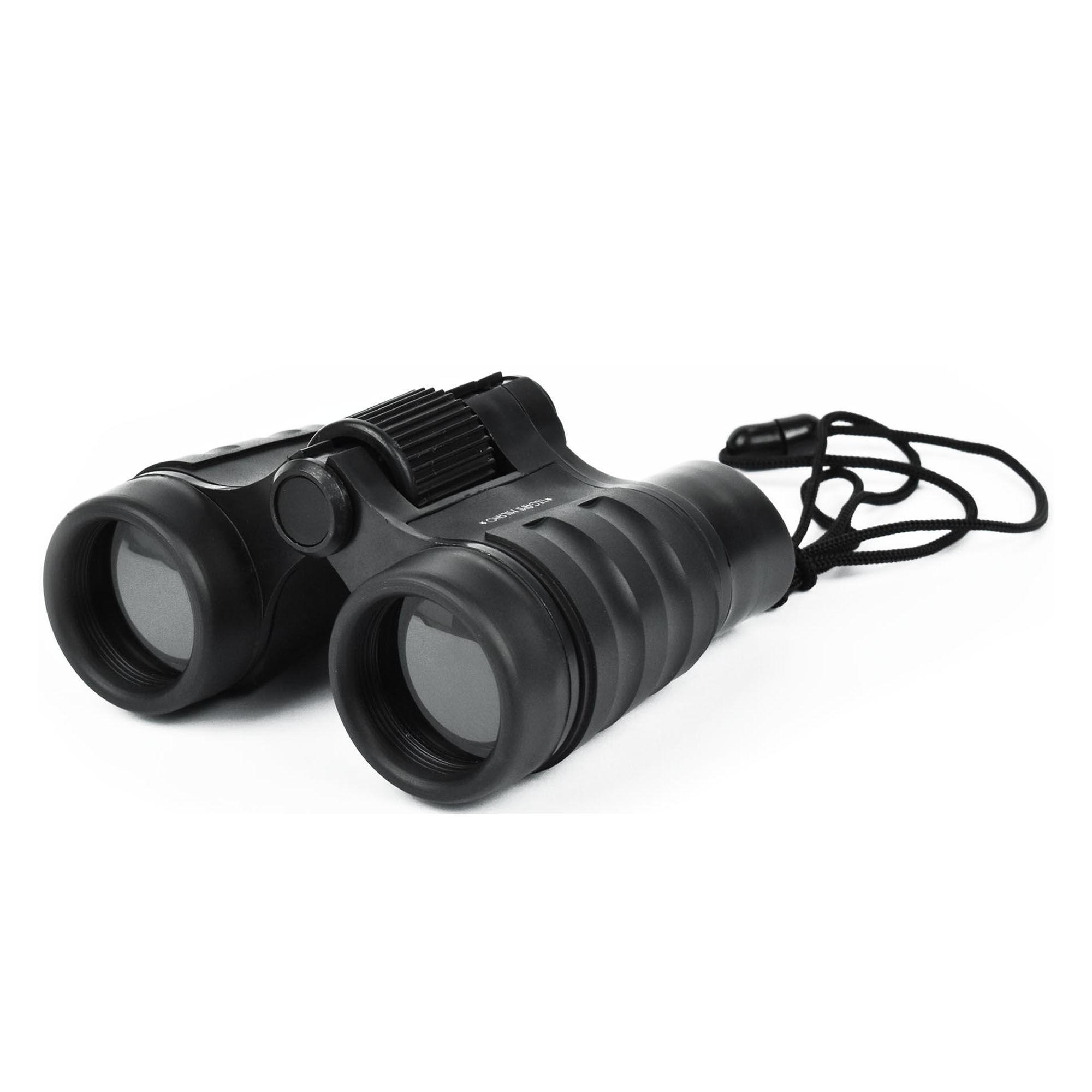 Schwarzes Fernglas mit Trageriemen, schräg mit beiden Objektiven und schwarzem Trageriemen dargestellt.