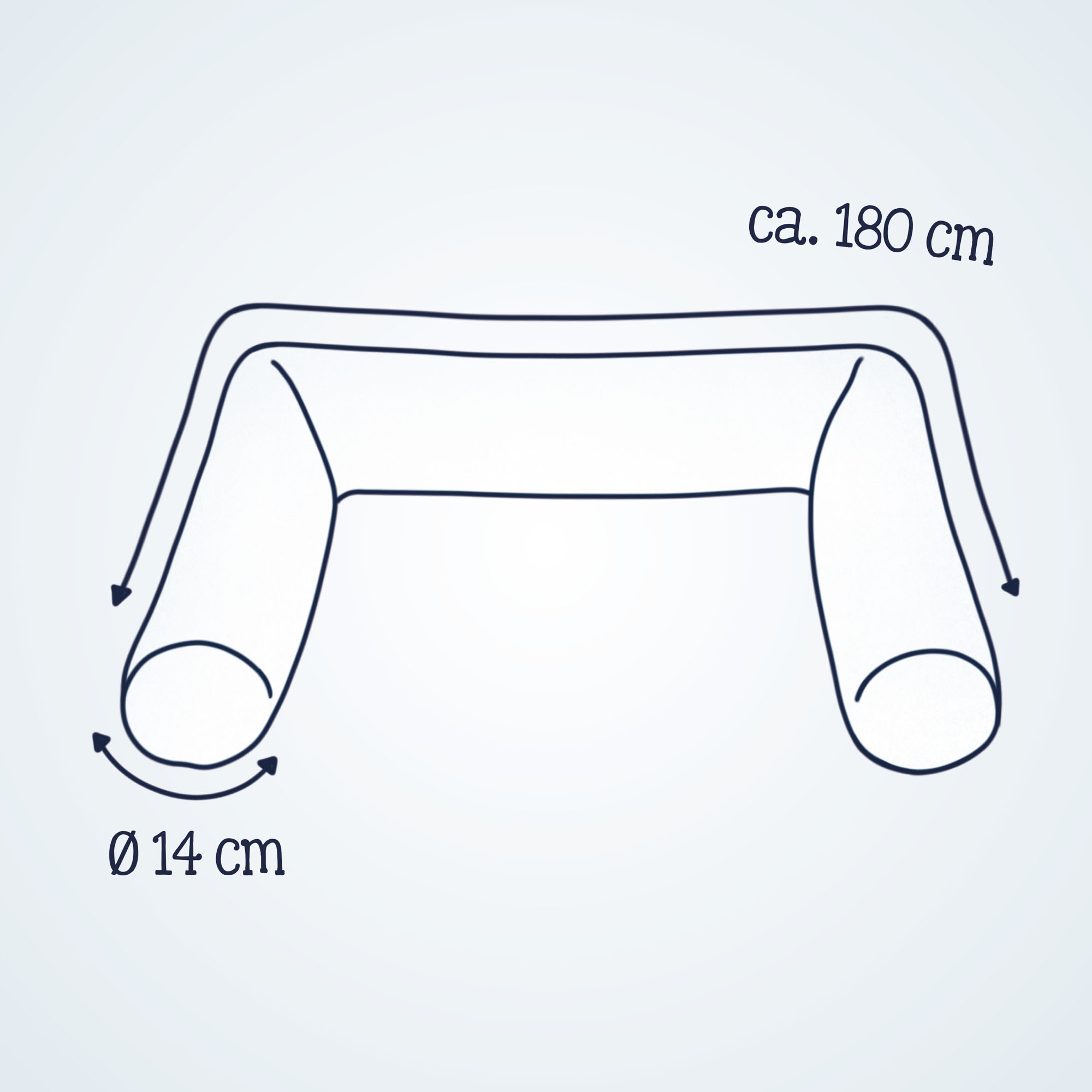 Schematische Zeichnung der Bettschlange mit Länge von etwa 180 cm und Durchmesser von 14 cm