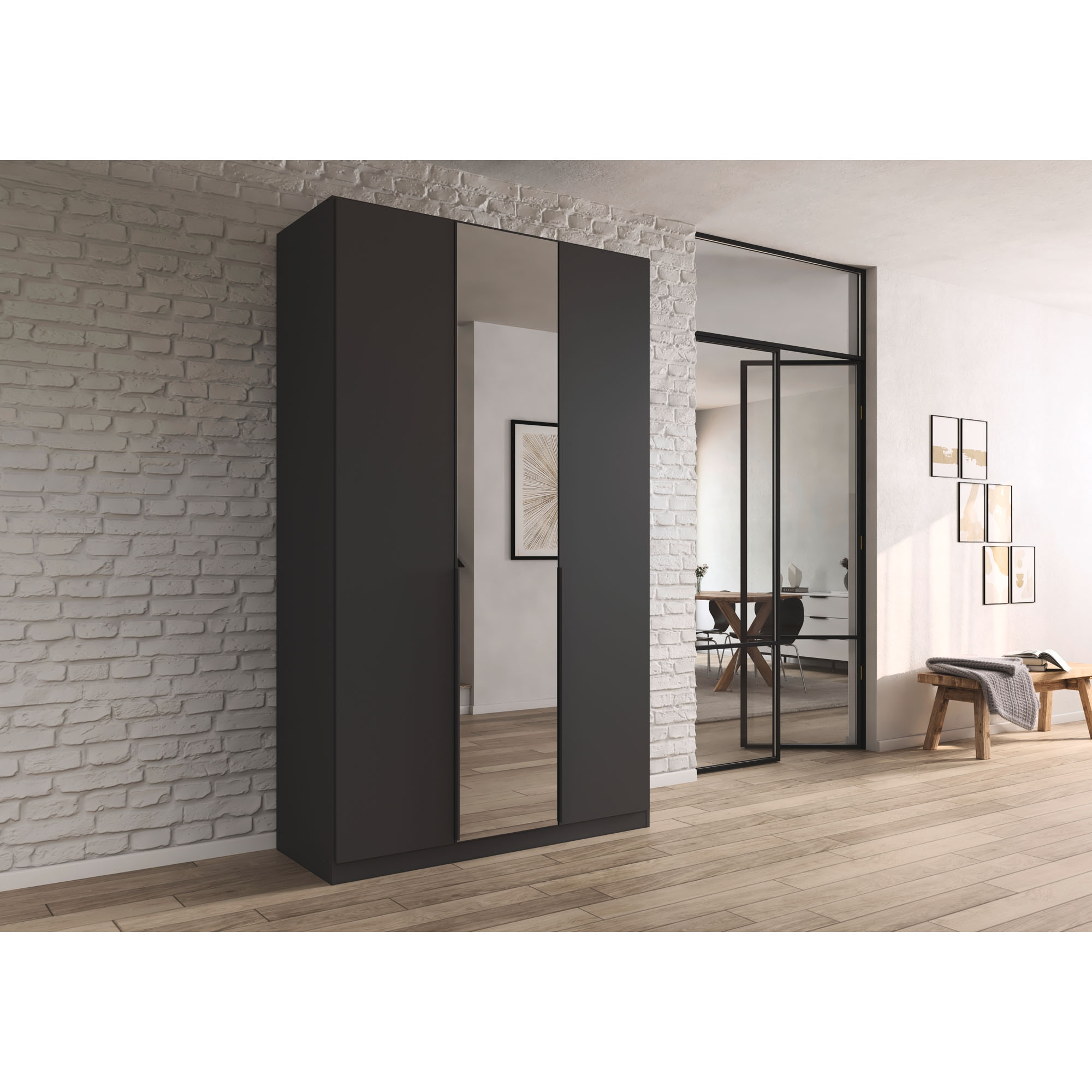 Grau-Metallicer Kleiderschrank mit Spiegeltür in einem hellen Raum mit Backsteinwand und moderner Einrichtung