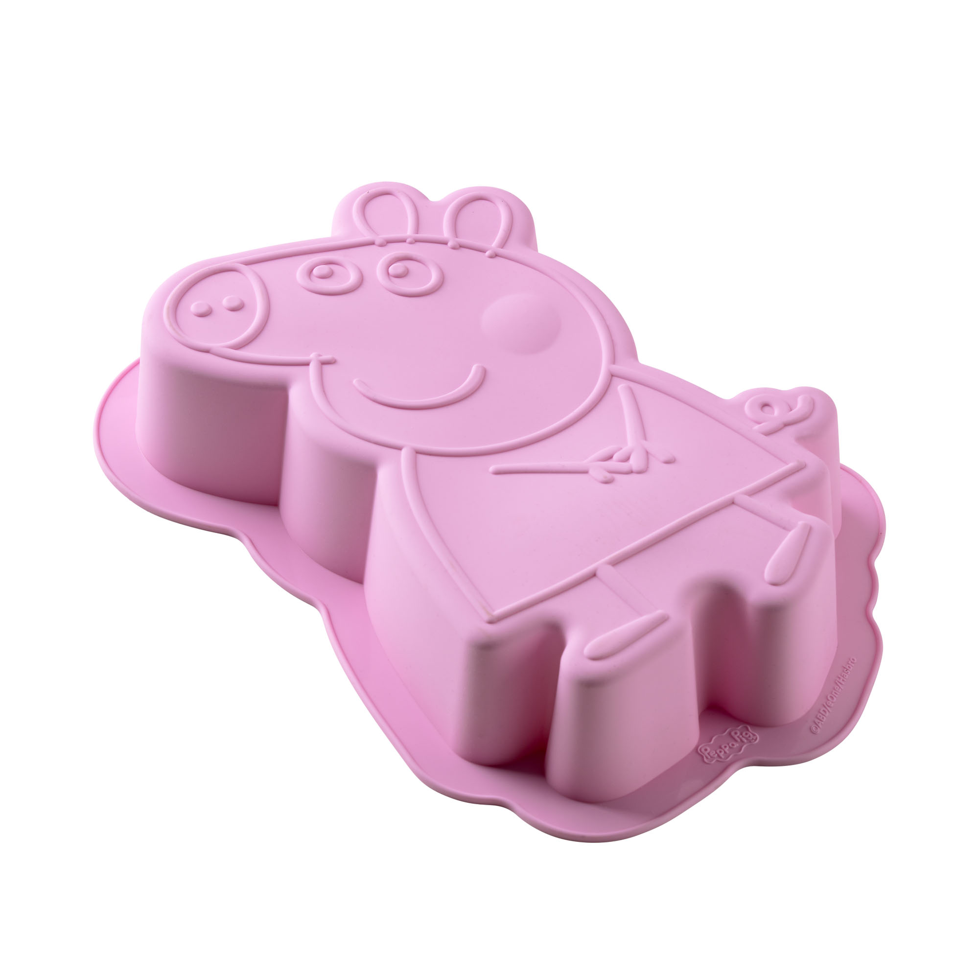 Schräg dargestellte Peppa Pig Silikon Backform in Rosa mit erhöhter Formstruktur