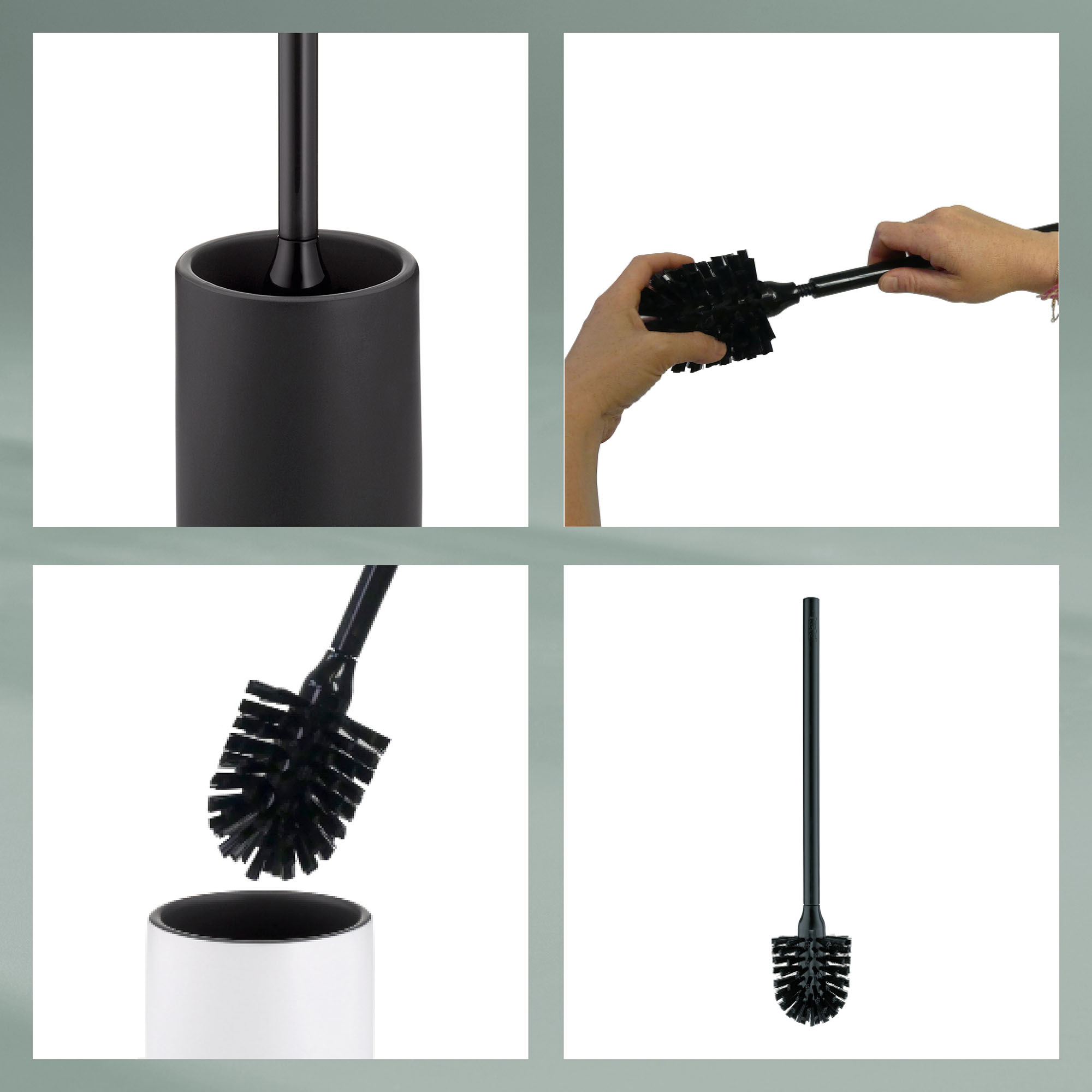 Bildcollage mit Detailansichten der schwarzen WC-Bürste, des Bürstenkopfes und des Bürstenhalters