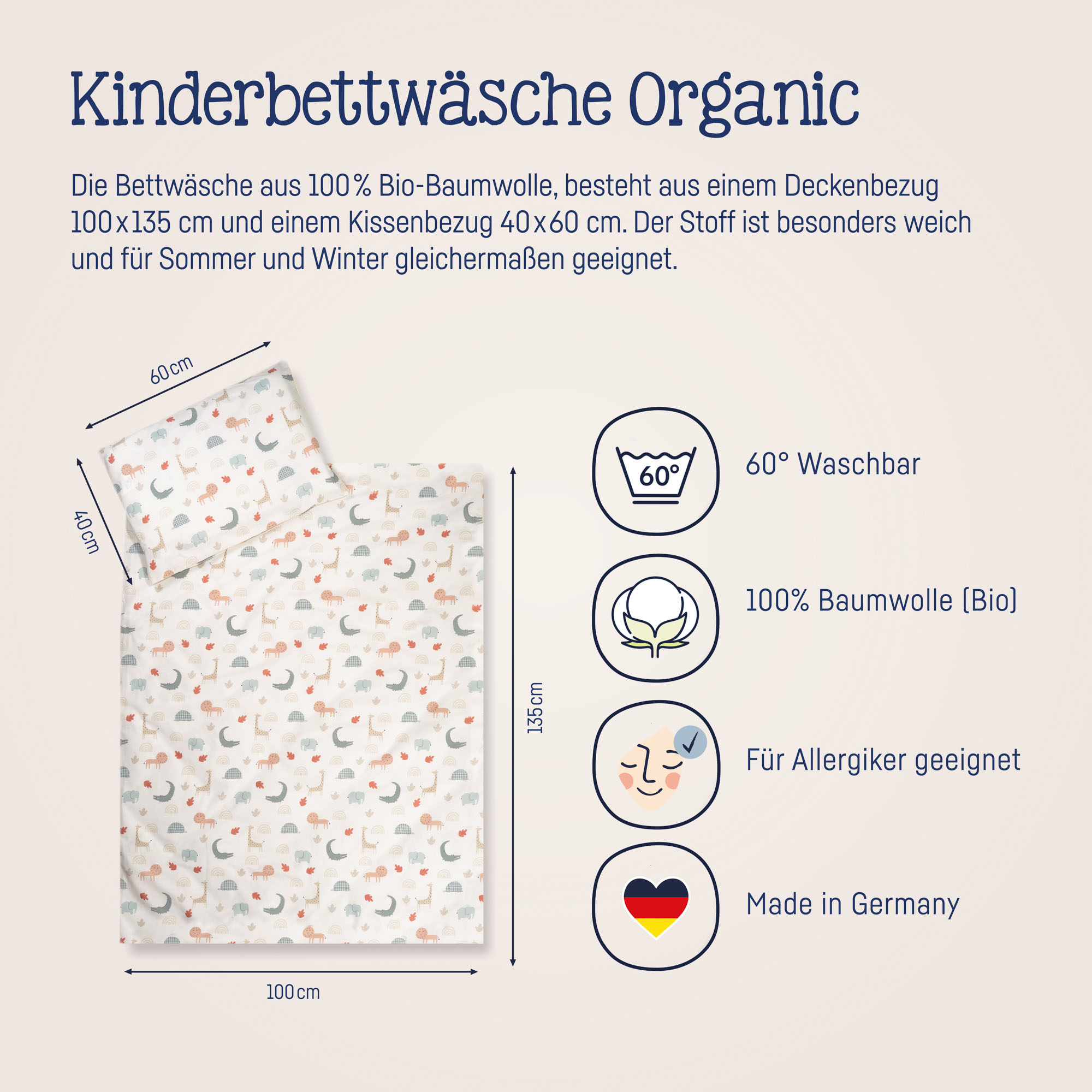 Die Kinderbettwäsche wird mit Maßen und Symbolen zu Waschbarkeit, Bio-Baumwolle, Allergikereignung und Herstellung in Deutschland dargestellt