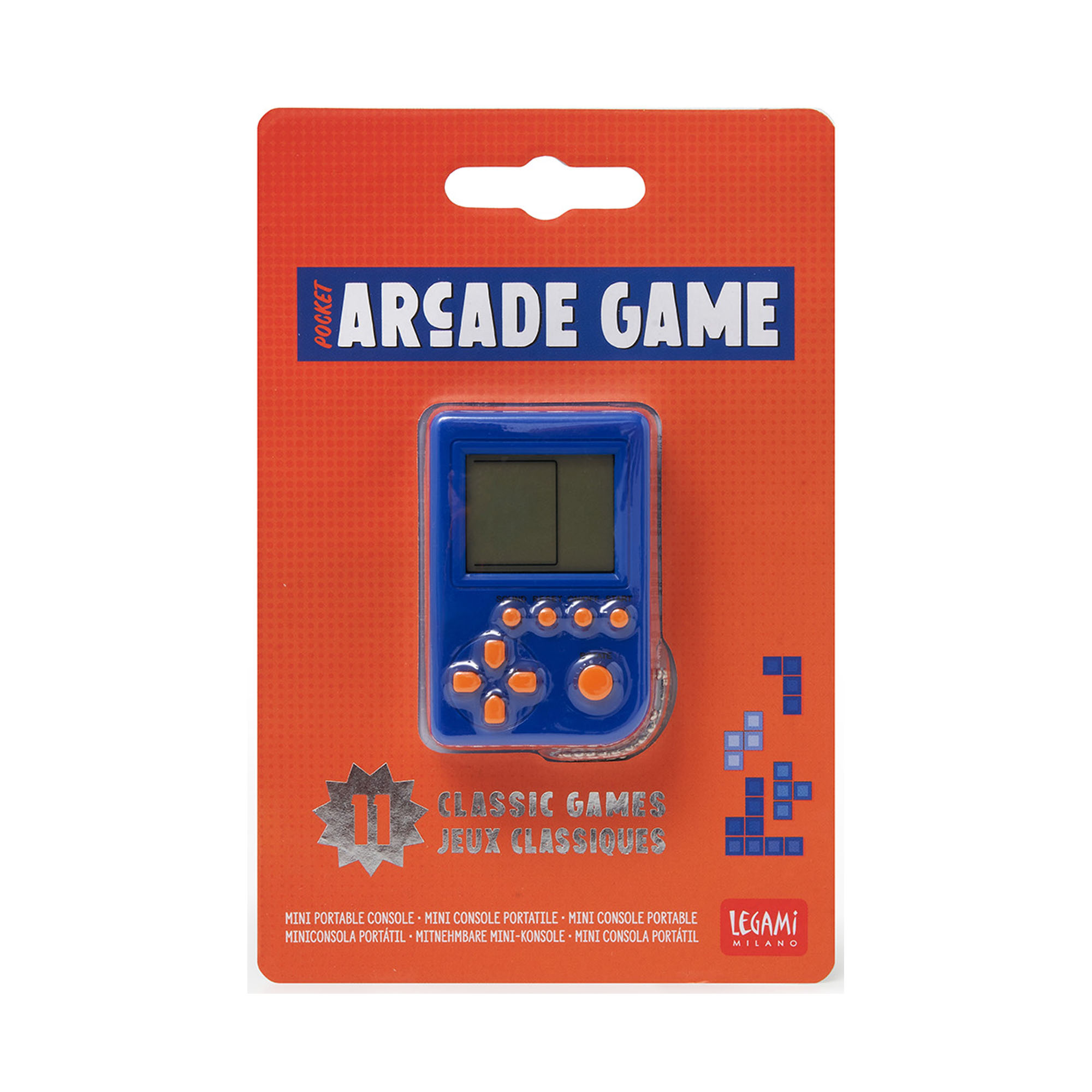 Blaue Mini-Spielkonsole am Schlüsselring, in einer orangefarbenen Kartonverpackung abgebildet.
