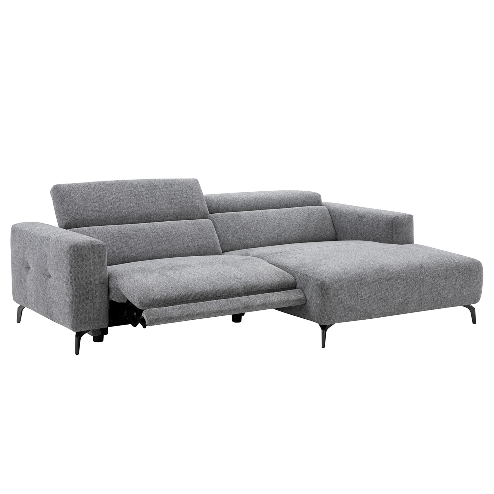 Graues Ecksofa mit verstellbarer Rückenlehne und teilweise ausgezogener Sitzfläche