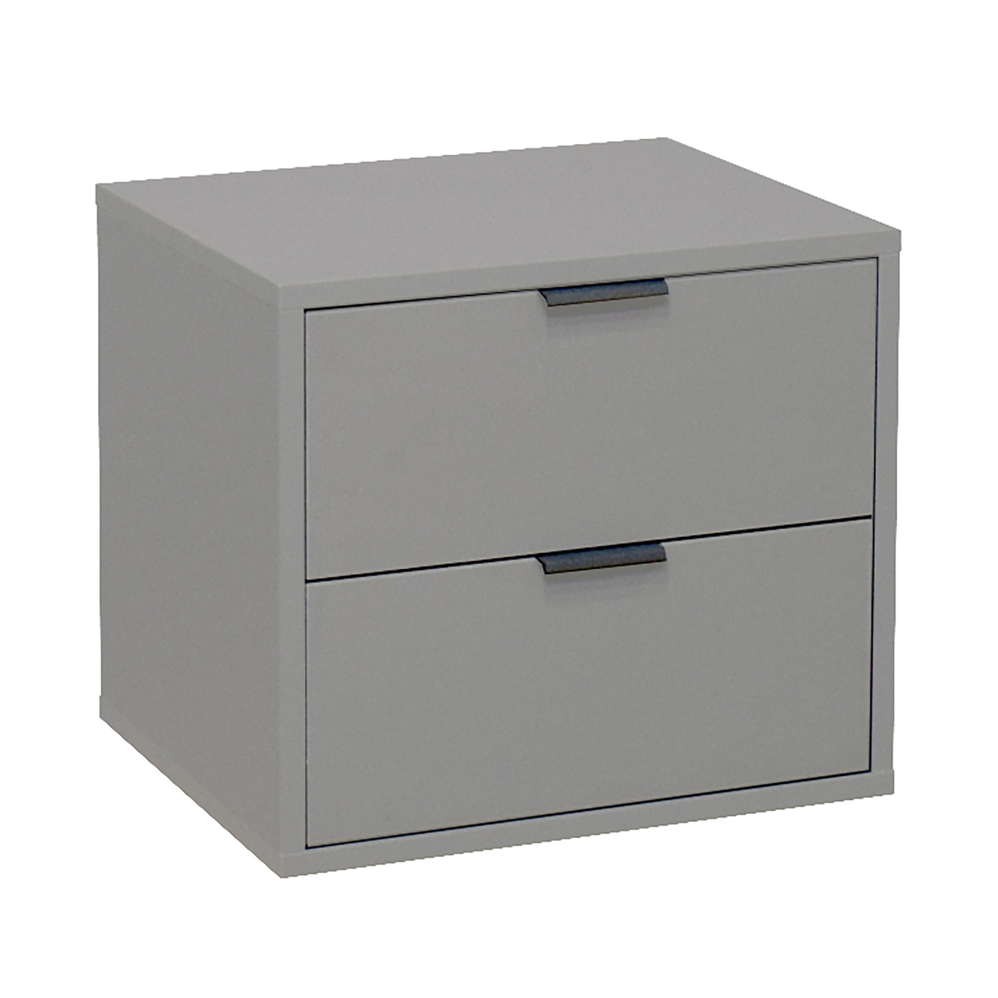 Moderner grauer Nachttisch mit zwei Schubladen und schwarzen Griffen, minimalistisches Design