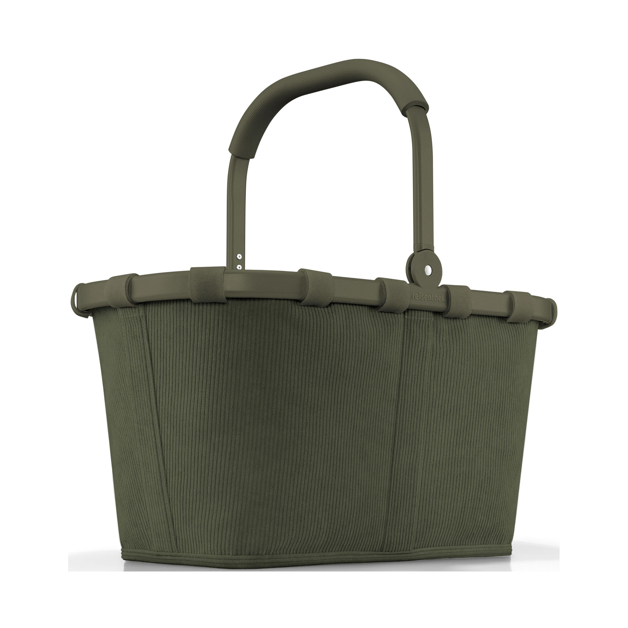 Einkaufskorb von Reisenthel, Modell Carrybag, in Dunkelgrün aus geripptem Cord, frontal mit hochgestelltem Griff.