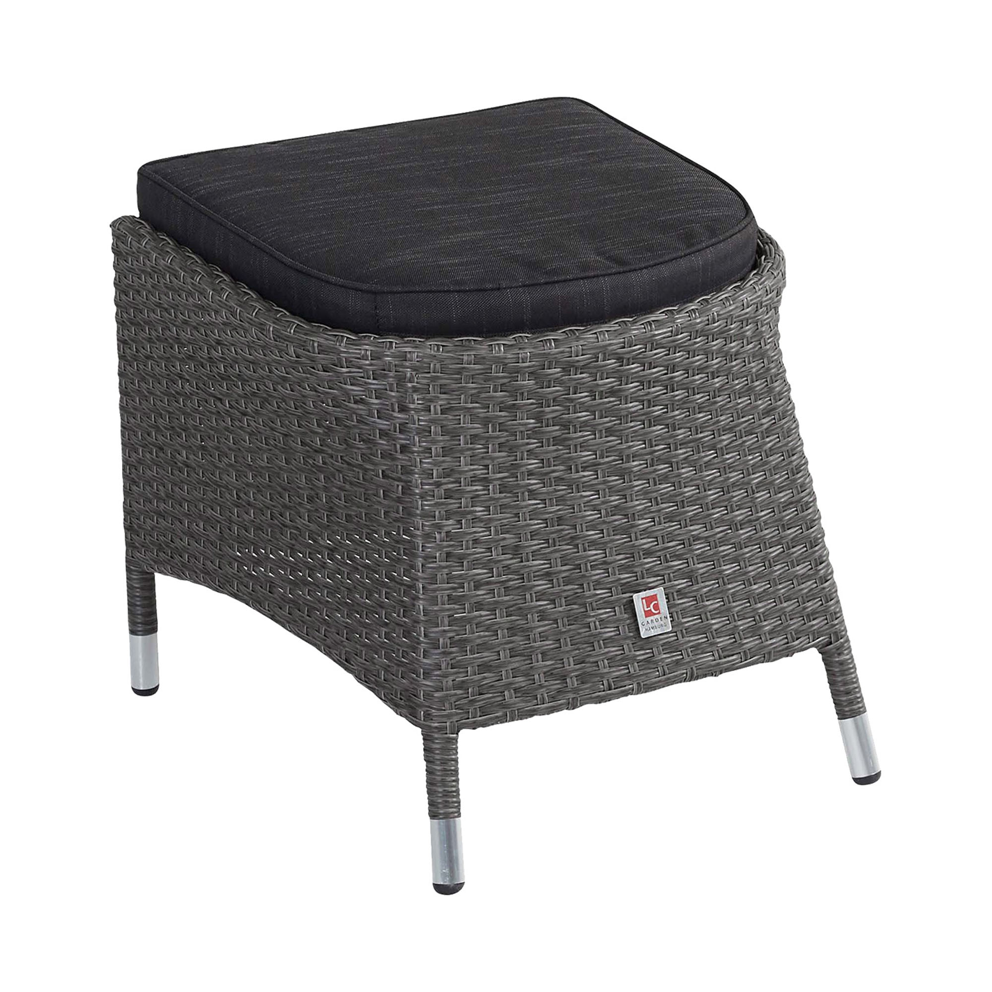 Gartenhocker mit quadratischer Form, gepolsterter Sitzfläche und umlaufender Flechtstruktur