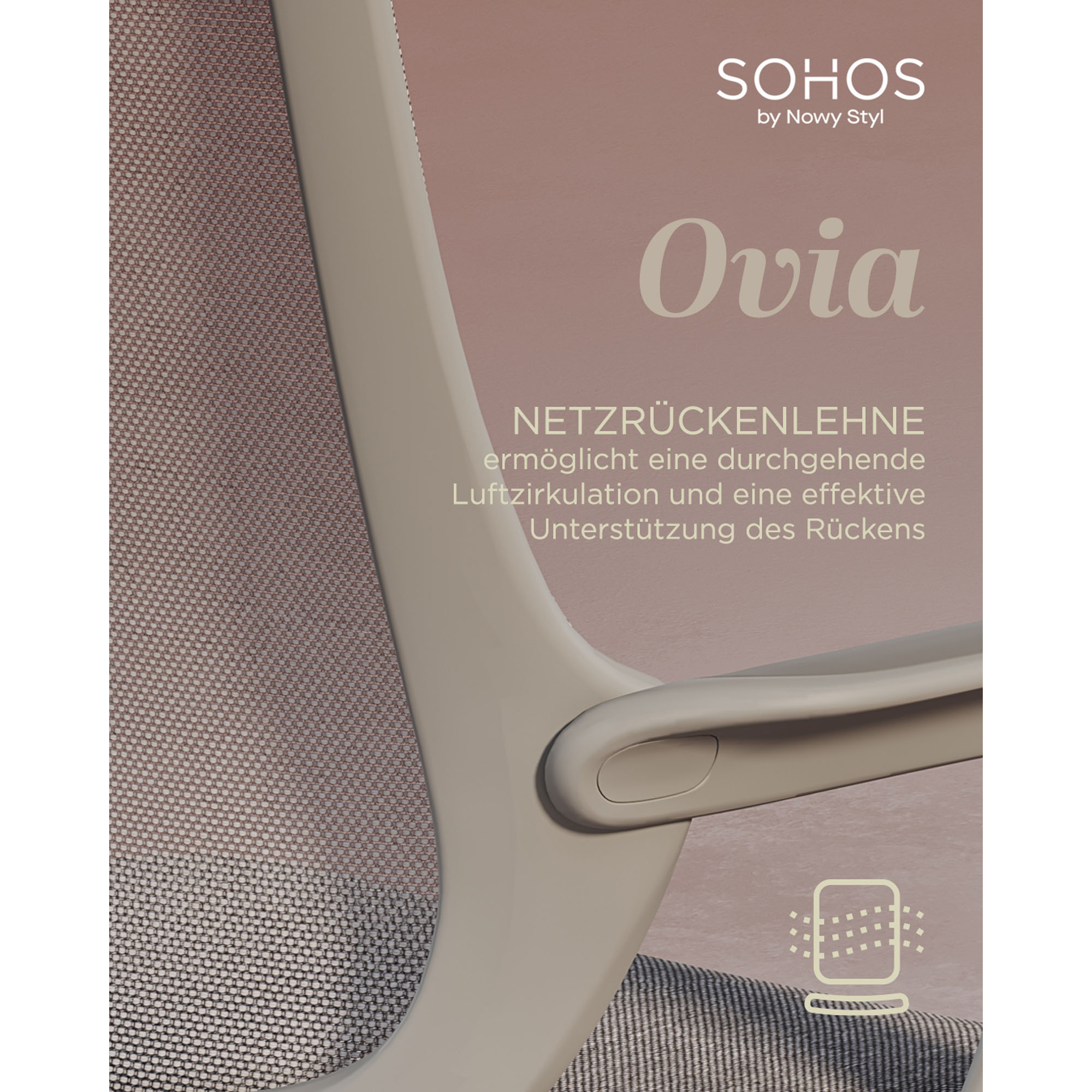 Detailgrafik des Ovia mit Netzrückenlehne; der Text nennt Luftzirkulation und Unterstützung des Rückens als Funktionen.