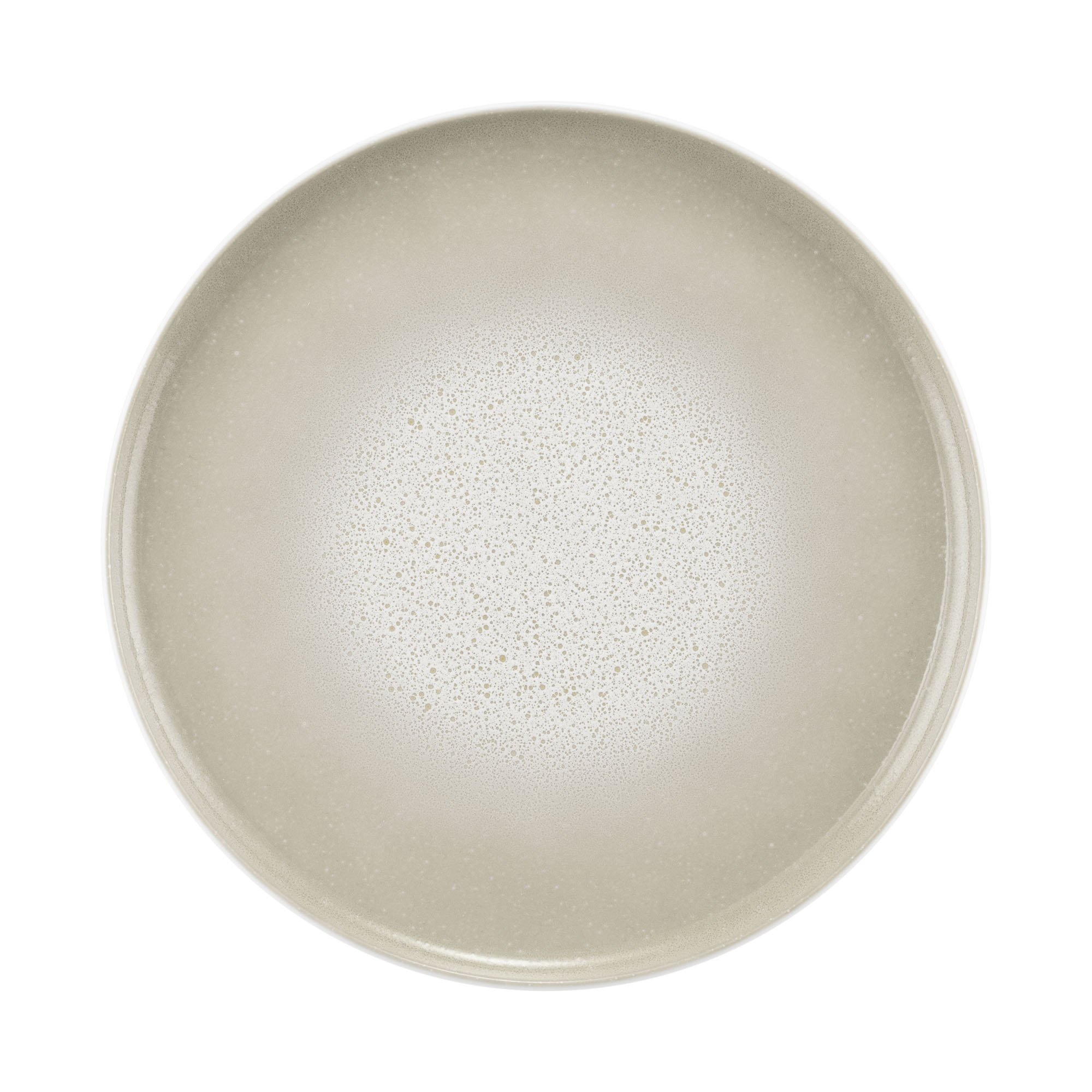 Teller in Grau-Beige; rund mit hellem gesprenkeltem Verlauf. Ansicht: Draufsicht.