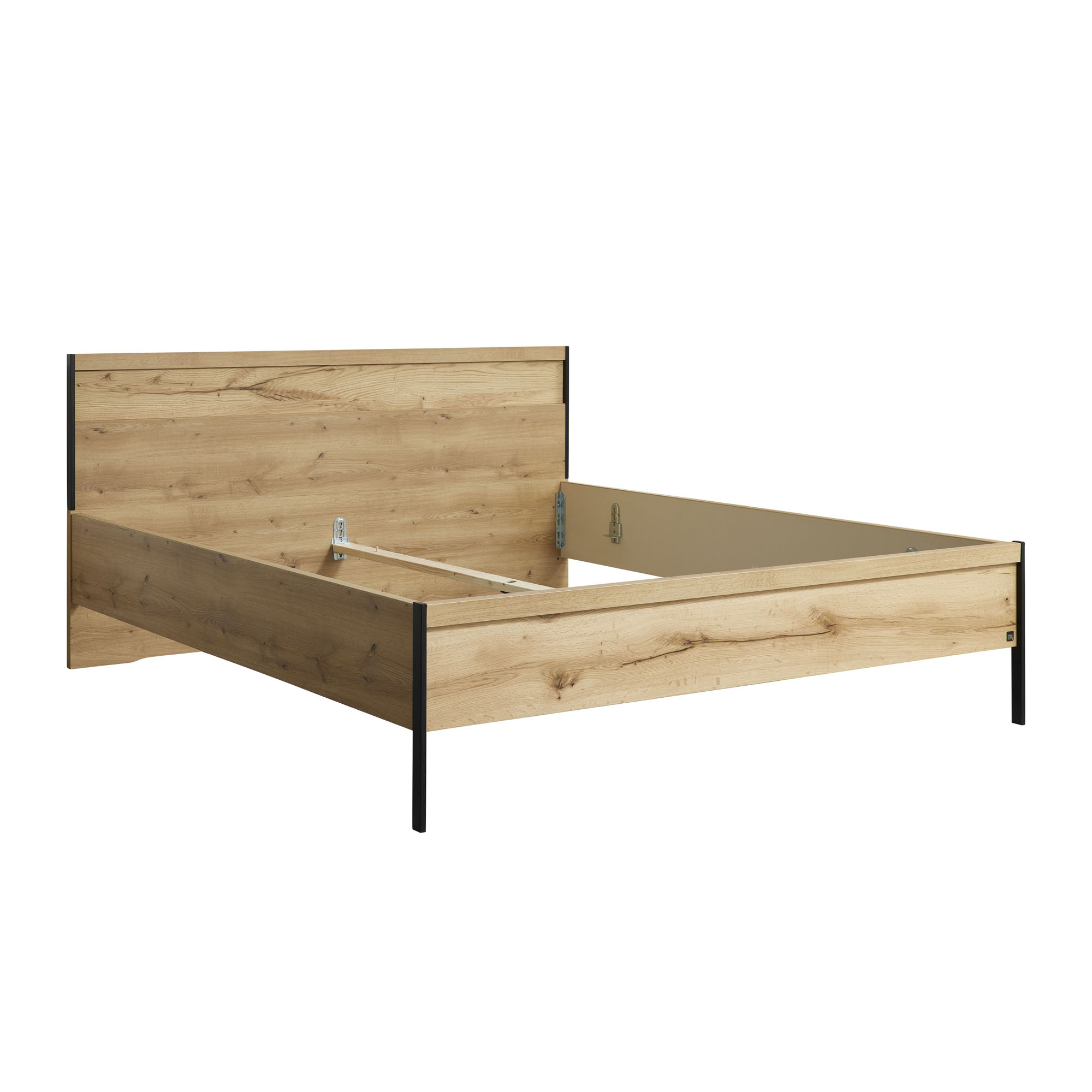 Interliving 1034 Bettgestell in Holzoptik mit schwarzem Metallrahmen ohne Lattenrost und Matratze