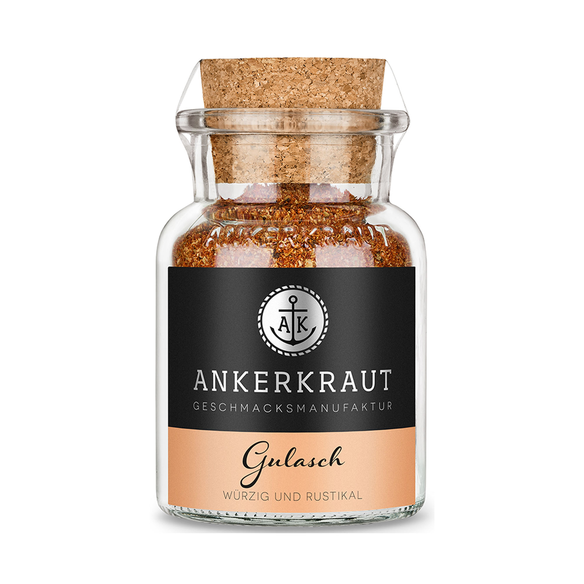Ankerkraut Gulasch als rötlich-braunes Gewürz im Korkenglas mit schwarzem Markenetikett und orangefarbenem Namensfeld.