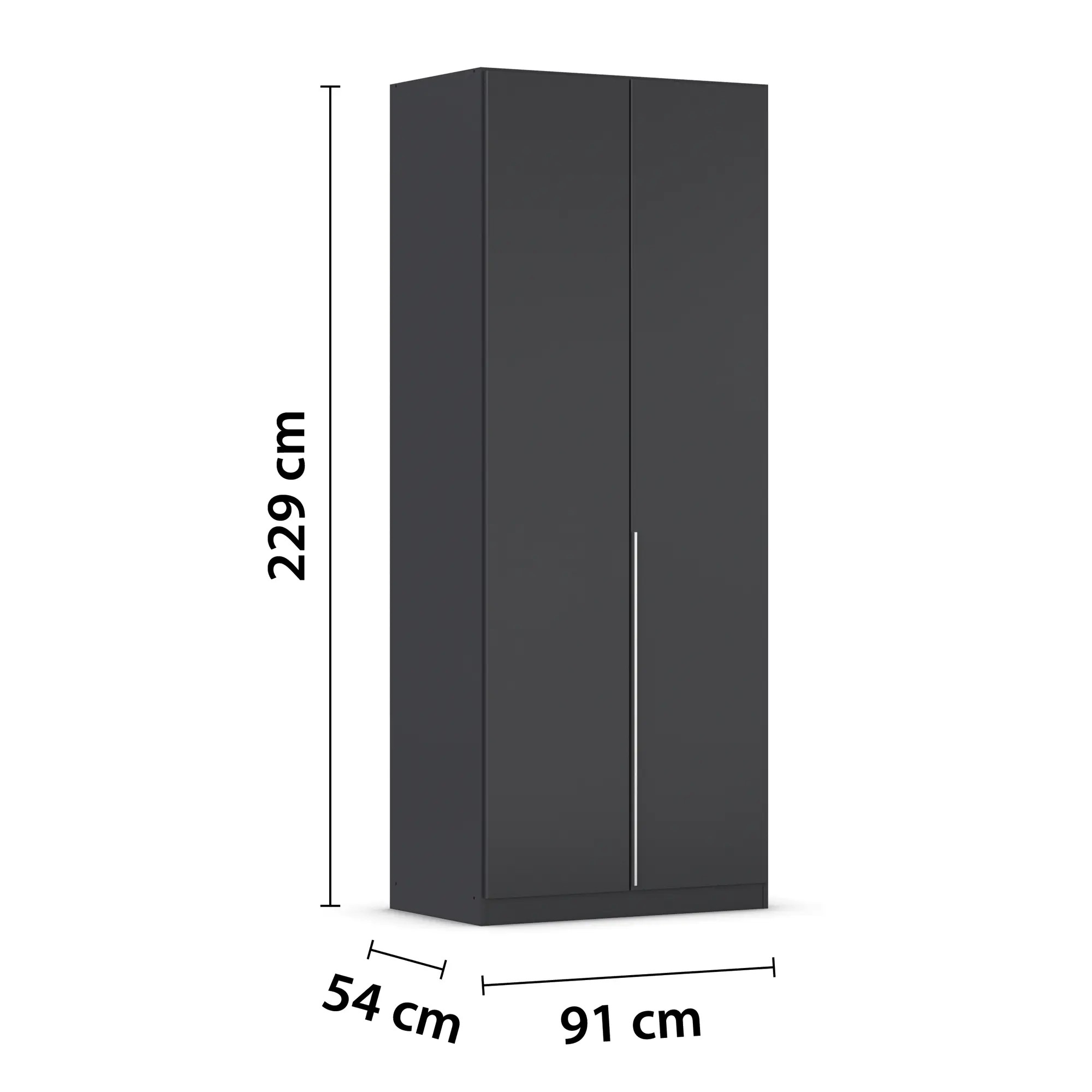 Grau-Metallicer Kleiderschrank mit eingezeichneten Maßen von 229 cm Höhe, 91 cm Breite und 54 cm Tiefe
