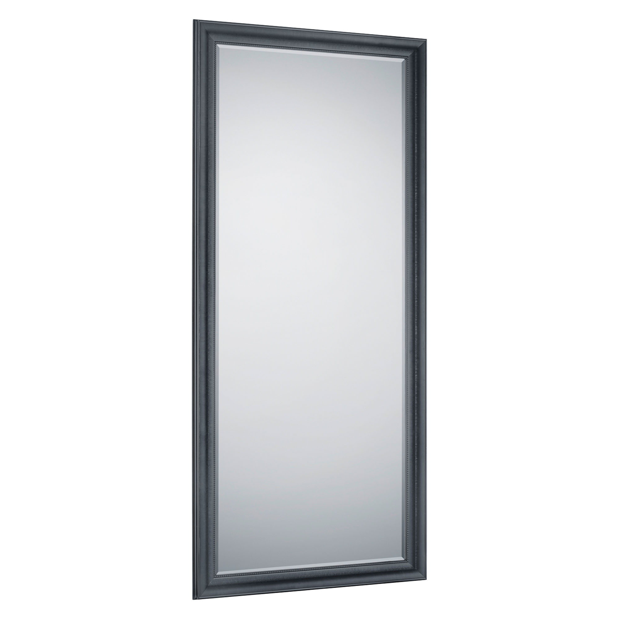 Spiegel Mia in Schwarz, freigestellt in vollständiger Ansicht; zu sehen ist die hohe rechteckige Spiegelfläche mit kräftigem glattem Rahmen; Maße ca. 80 x 180 x 4 cm.