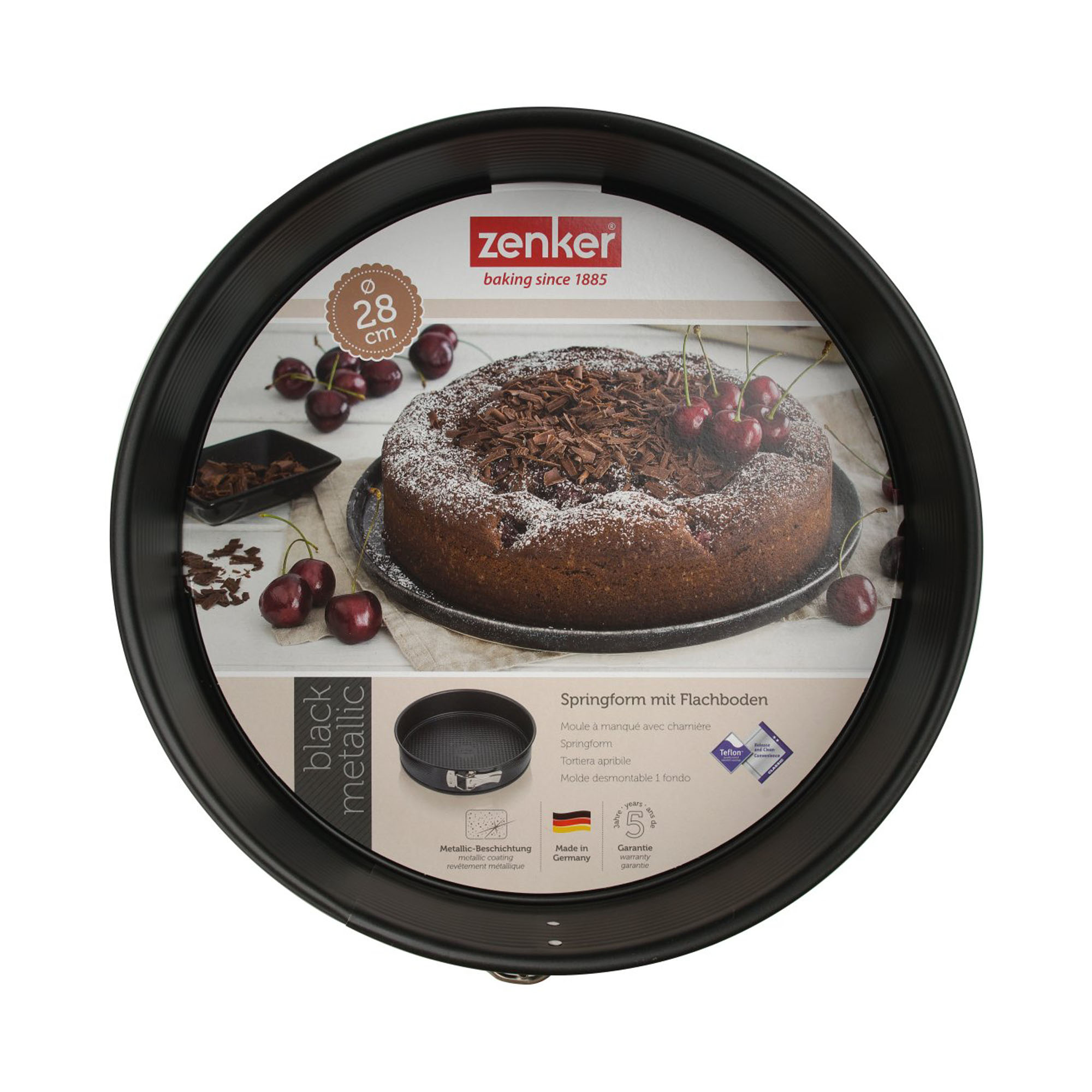 Verpackung der 28 cm Springform mit Kuchenabbildung und Details