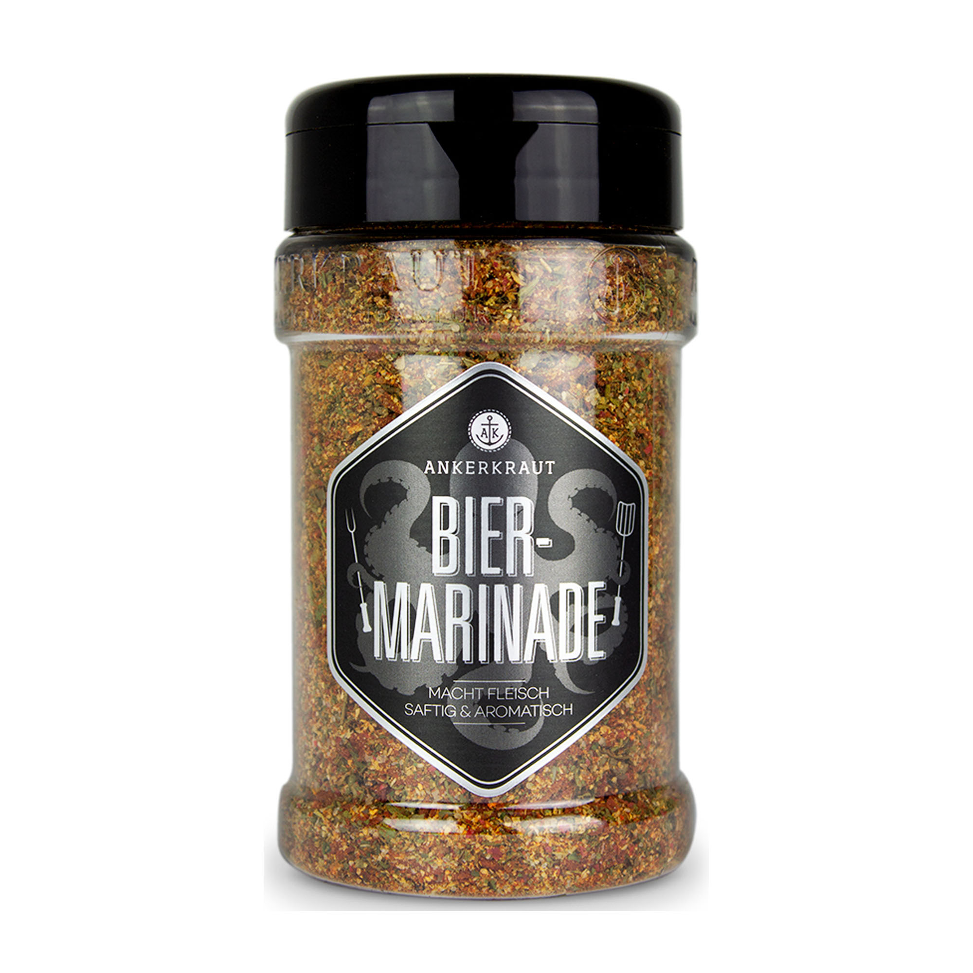 Biermarinade von Ankerkraut im Streuer mit schwarzem Deckel und dunklem Etikett; durch die Dose ist eine grobe Gewürzmischung zu sehen.