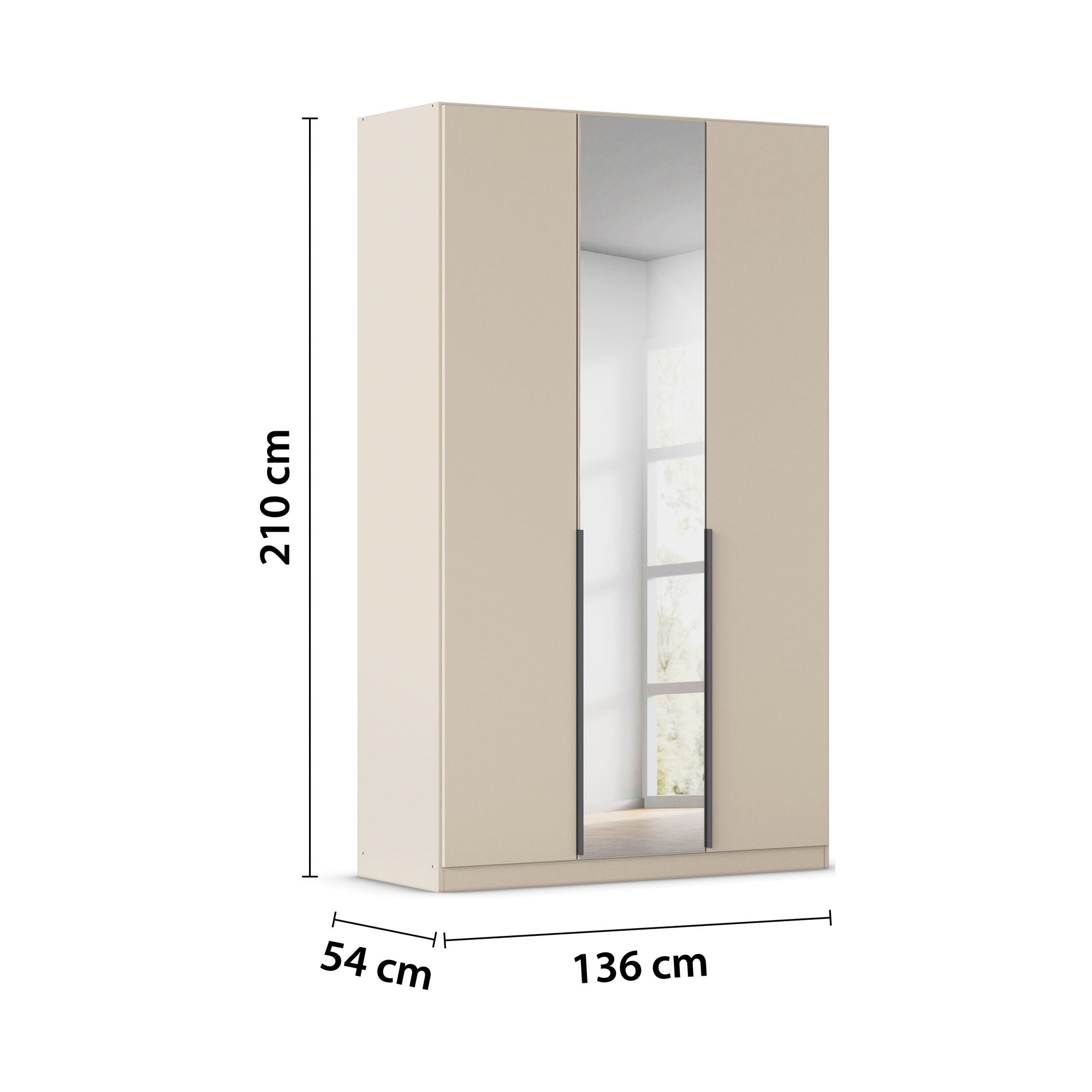 Champagnerfarbener Kleiderschrank mit eingezeichneten Maßen 136 cm Breite, 210 cm Höhe und 54 cm Tiefe