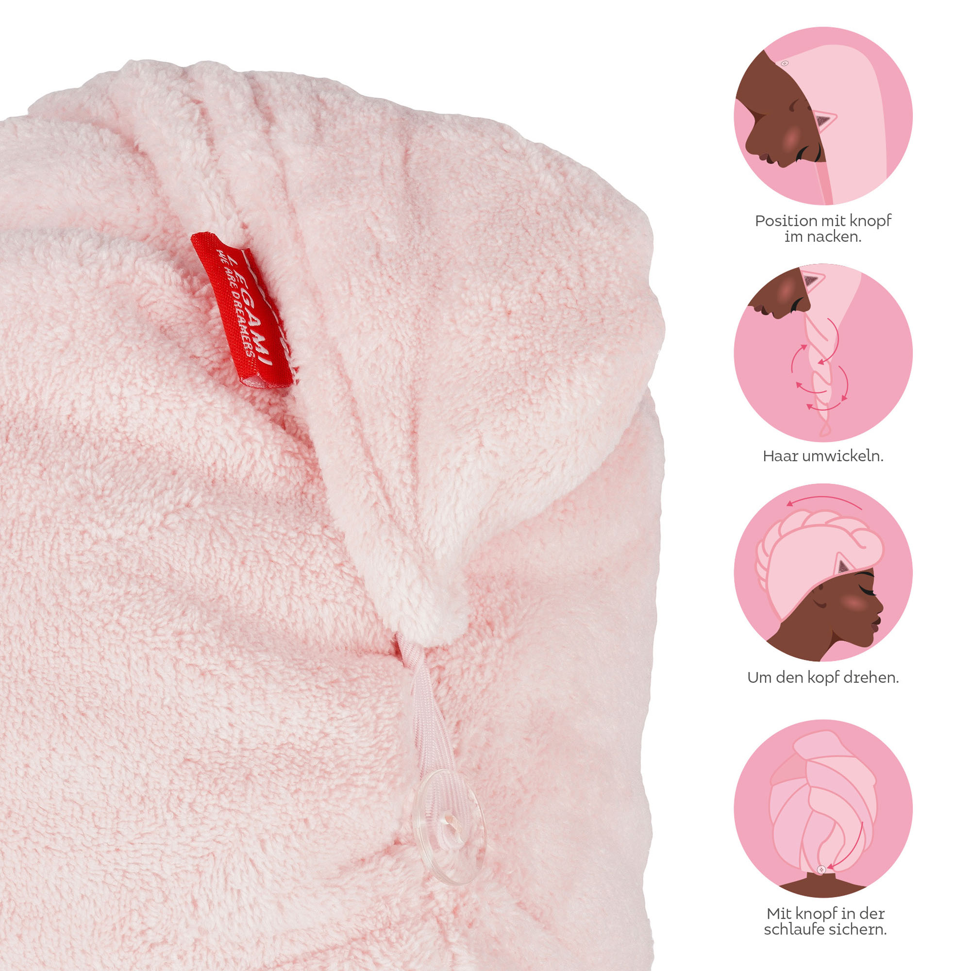 Rosa Haarturban-Handtuch im Katzen-Design, in einer Grafik mit Stoffstruktur, Knopf und Wickelschritten dargestellt.