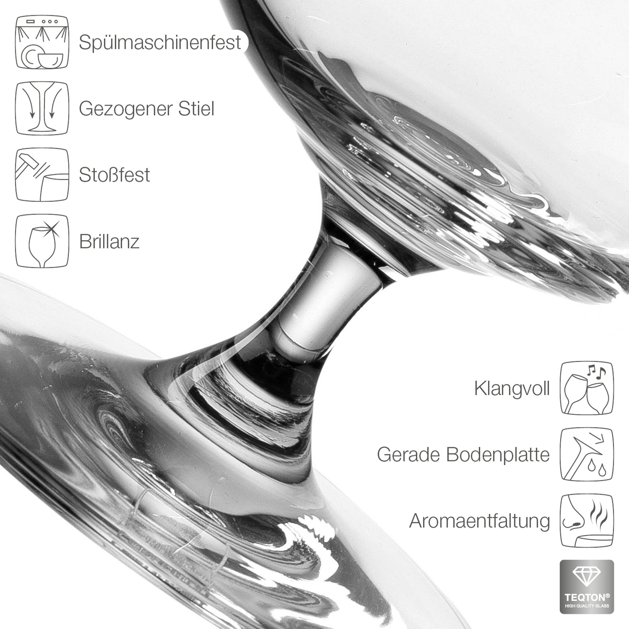 Detailaufnahme eines Cognacglases mit Symbolen zu Eigenschaften wie spülmaschinenfest und stoßfest