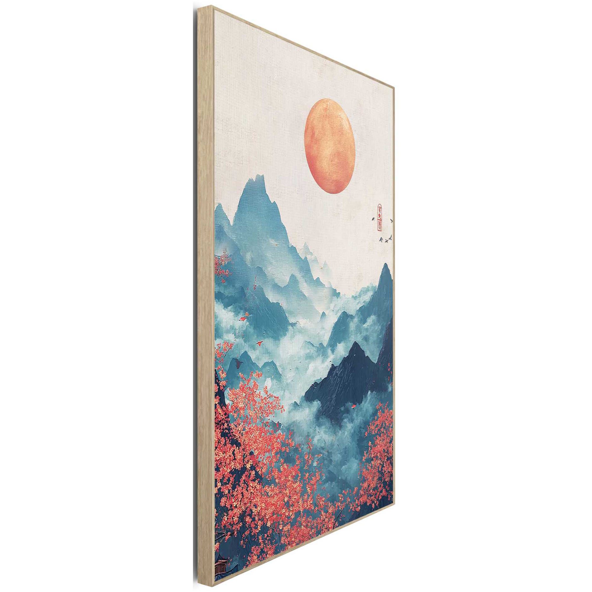 Seitliche Schrägansicht des Wandbilds „Japanese Landscape“, 90 × 60 cm; Profil, Kante und Tiefe des Bildes sind erkennbar.