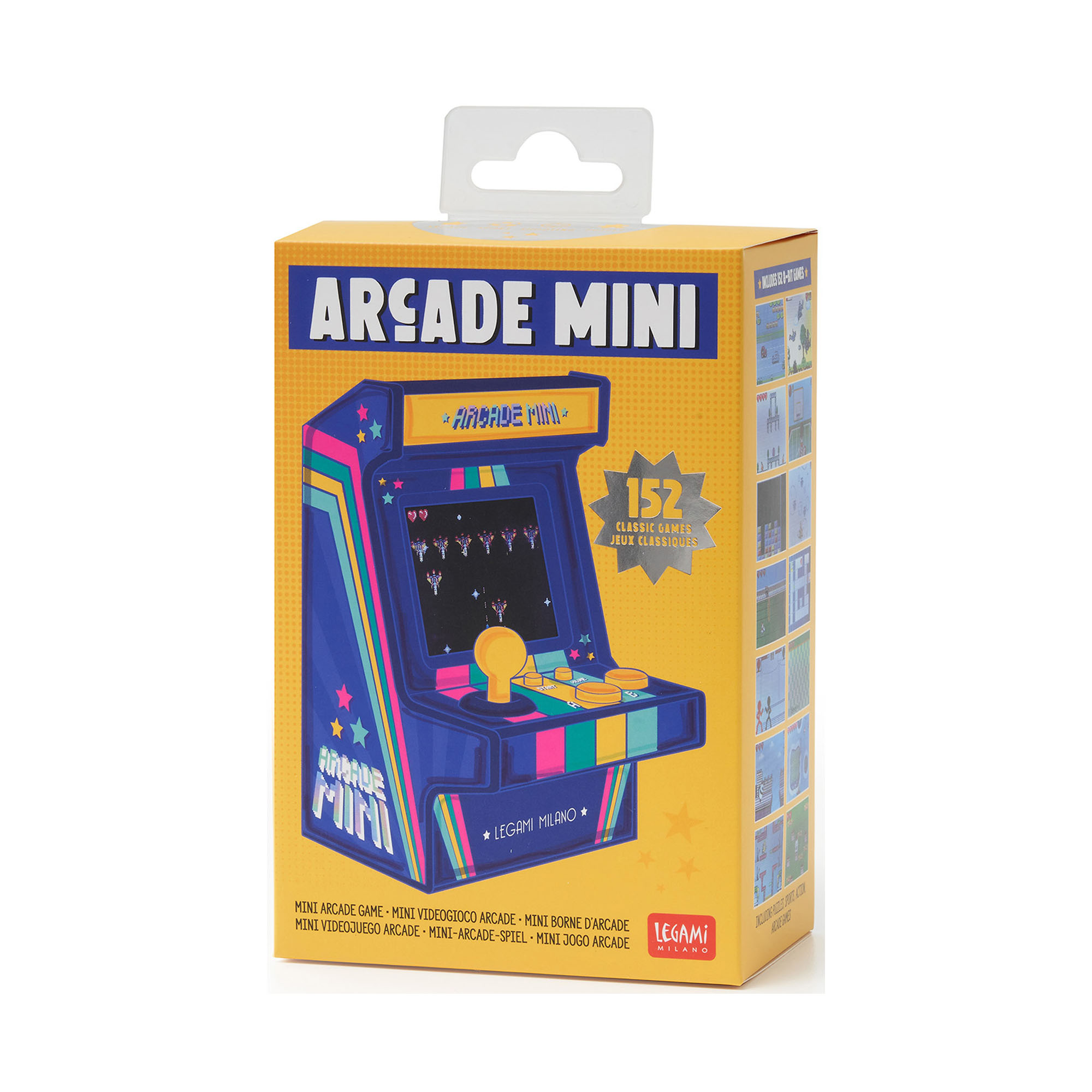 Blau-gelbes Mini-Arcade-Spiel, in einer gelb-blauen Kartonverpackung abgebildet.