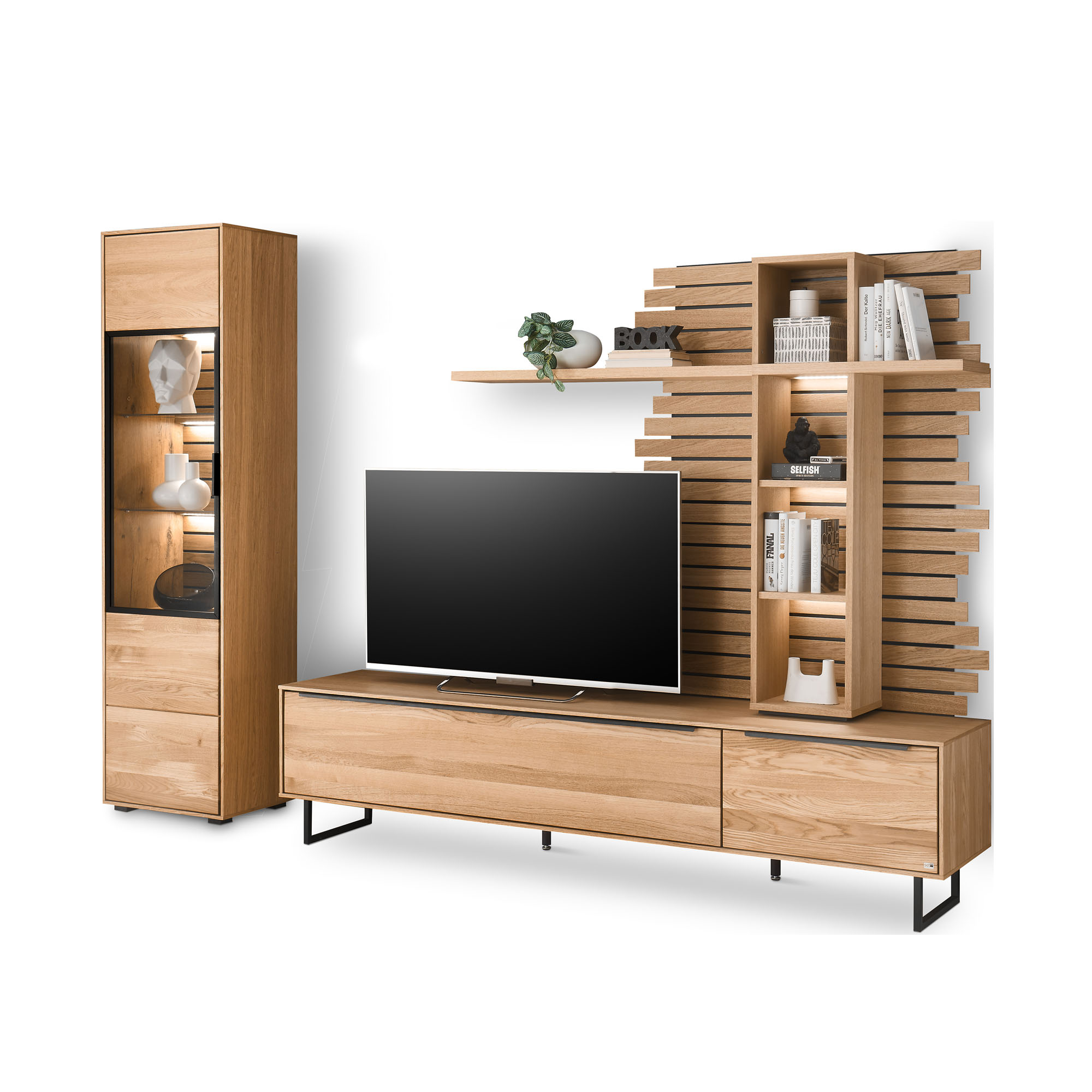 Wohnwand Musterring Set One Jackson mit TV Lowboard Vitrine und Wandregal kombiniert mit offenen Fächern und Stauraum